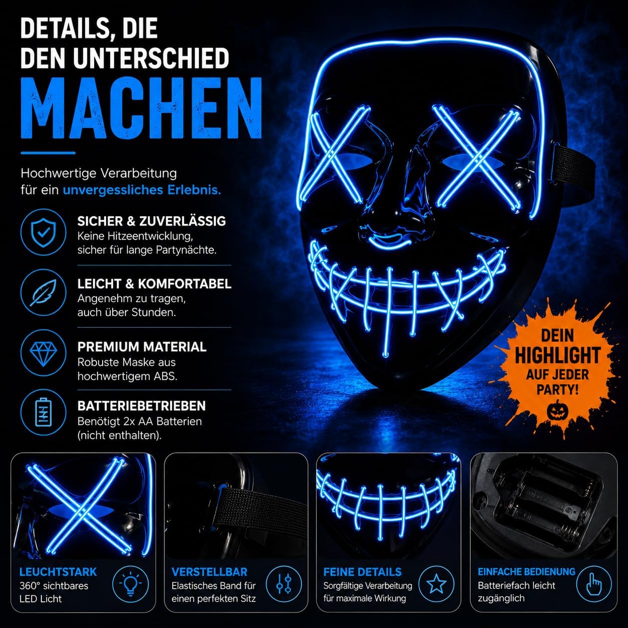 Detalle de TK Gruppe Timo Klingler Purge LED-horrormasker met 3 regelbare lichteffecten