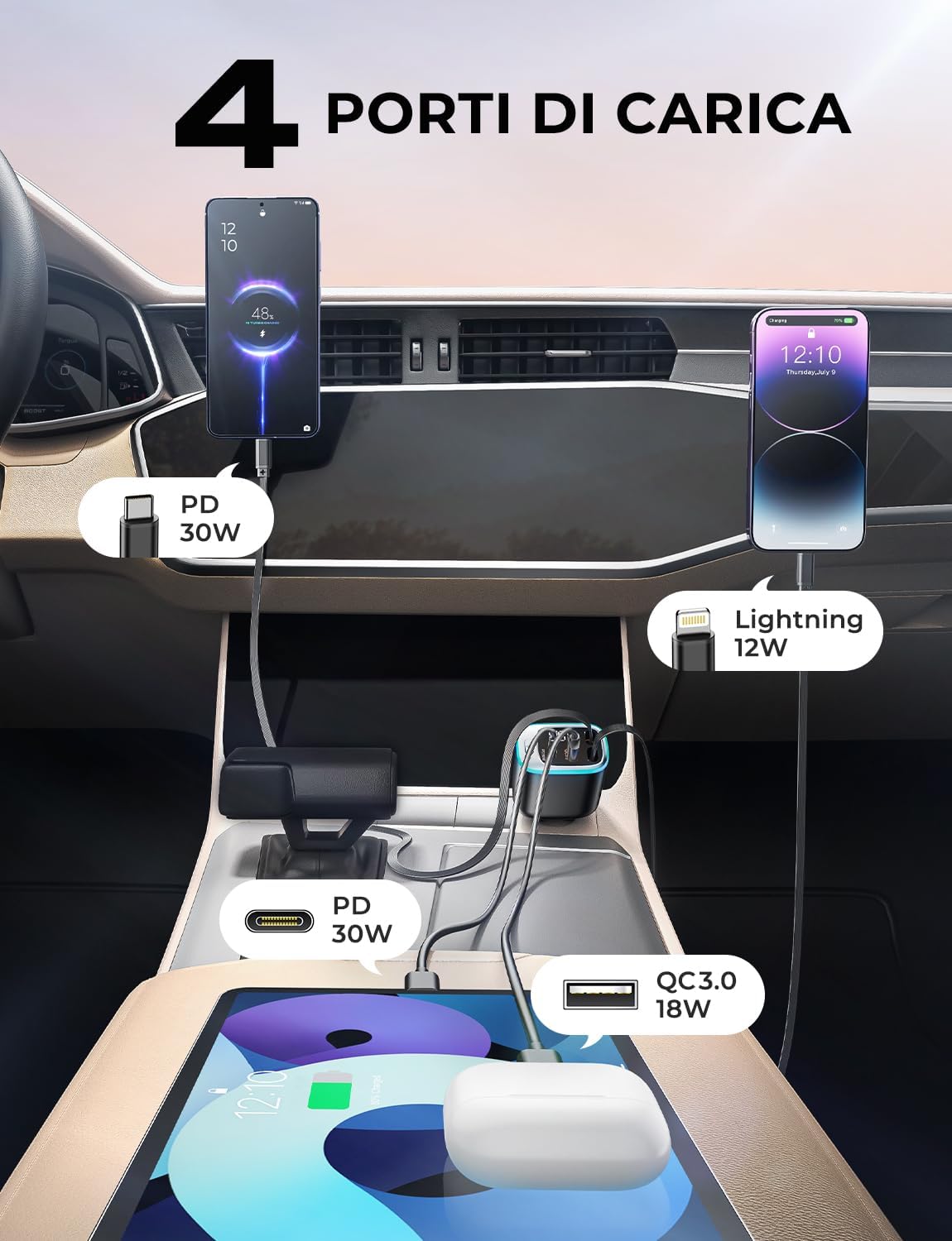 Detalle 2 de Rolgno Retrattile Caricatore Auto 72W con 4 porte USB