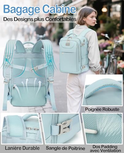 Detalle de LYNXCHER Sac à dos cabine 45 x 36 x 20 cm, 30 L, bleu clair