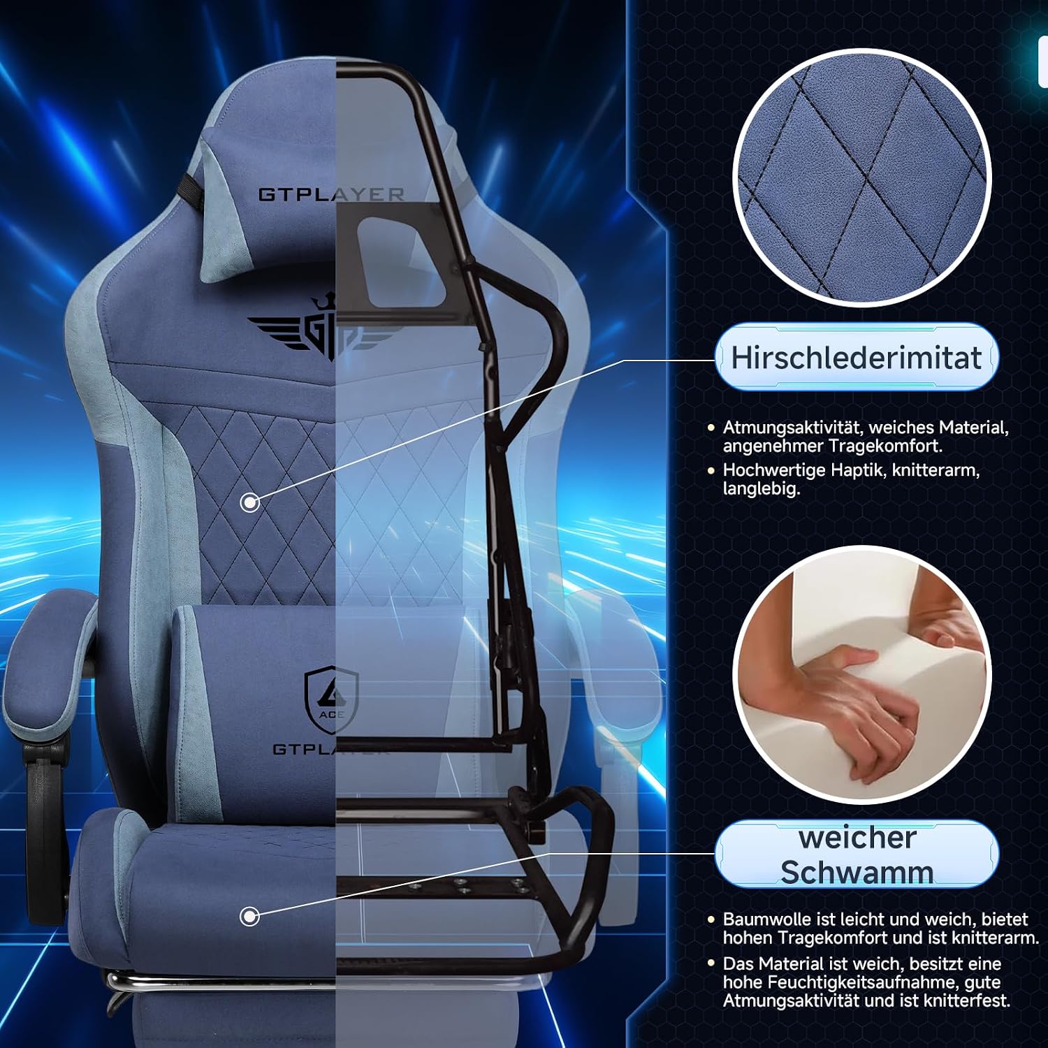 Detalle 2 de GTPLAYER GT832 Ergonomic Gaming Chair in Technical Fabric with Reclining Backrest