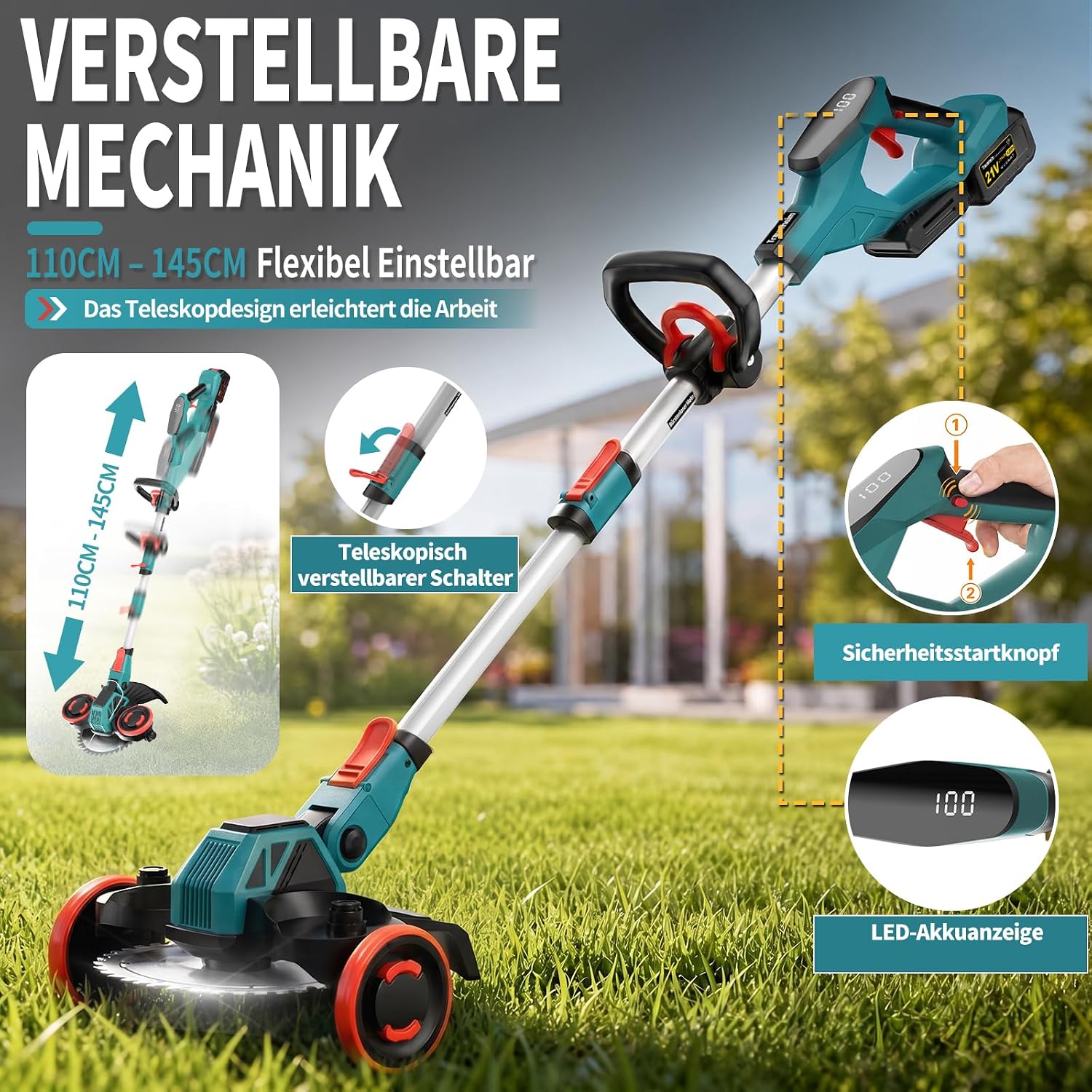 Detalle de Rasentrimmer mit Akku 21V – Makita-Kompatibel, 5-in-1 inklusive Unkrautbürste, 2 × 4,0Ah, 900W bürstenloser Motor