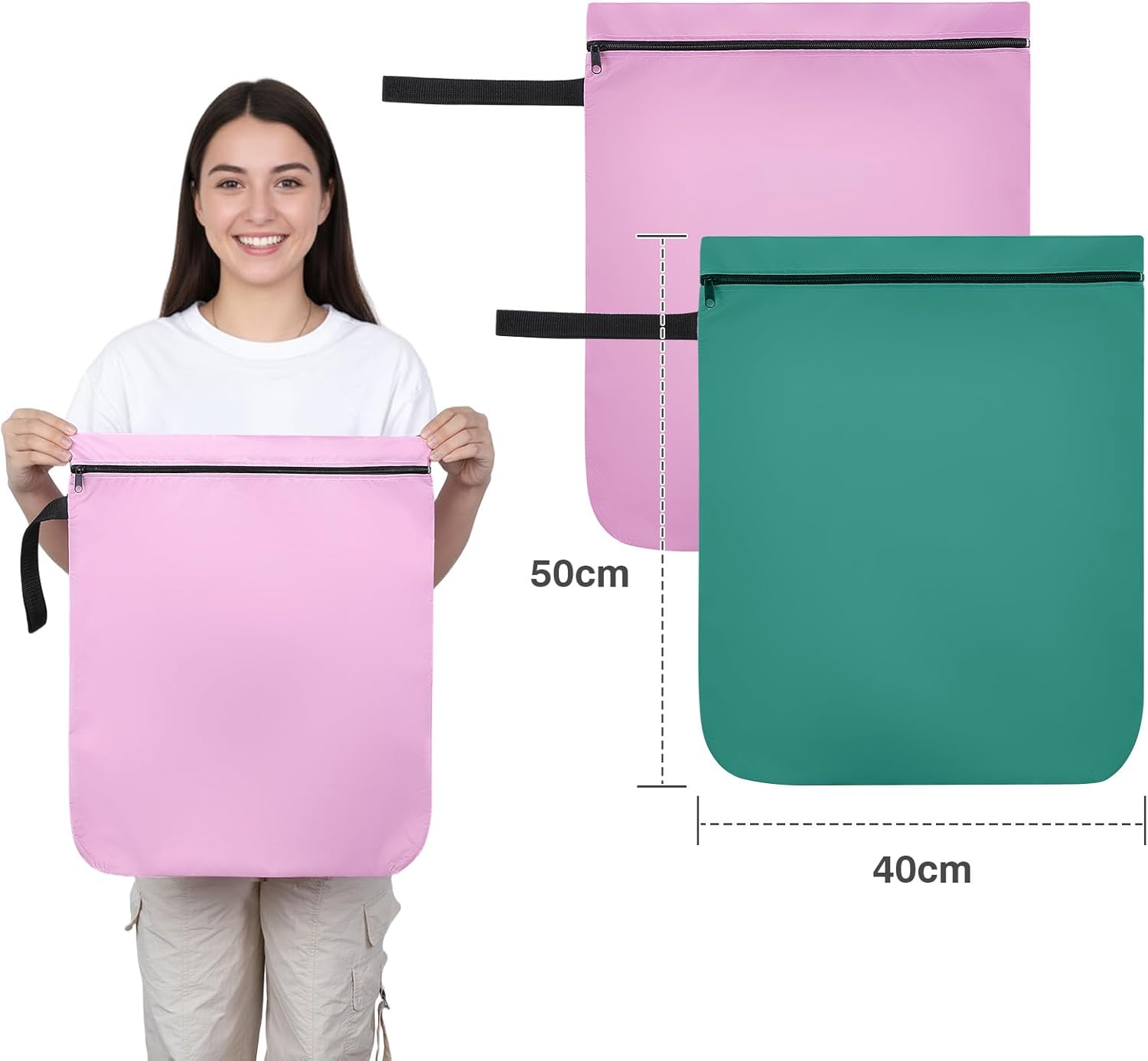 Detalle 2 de OTraki Wet Bags (2-pack) Waterproof Wet Dry Bag 40x50cm for Swimwear, Gym & Nappies (Pink & Green)