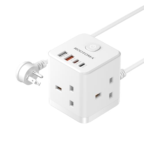 Detalle de ROOTOMA UK to US Plug Adaptor 3 Way with 4 USB Fast Chargers (QC3.0/PD20W)