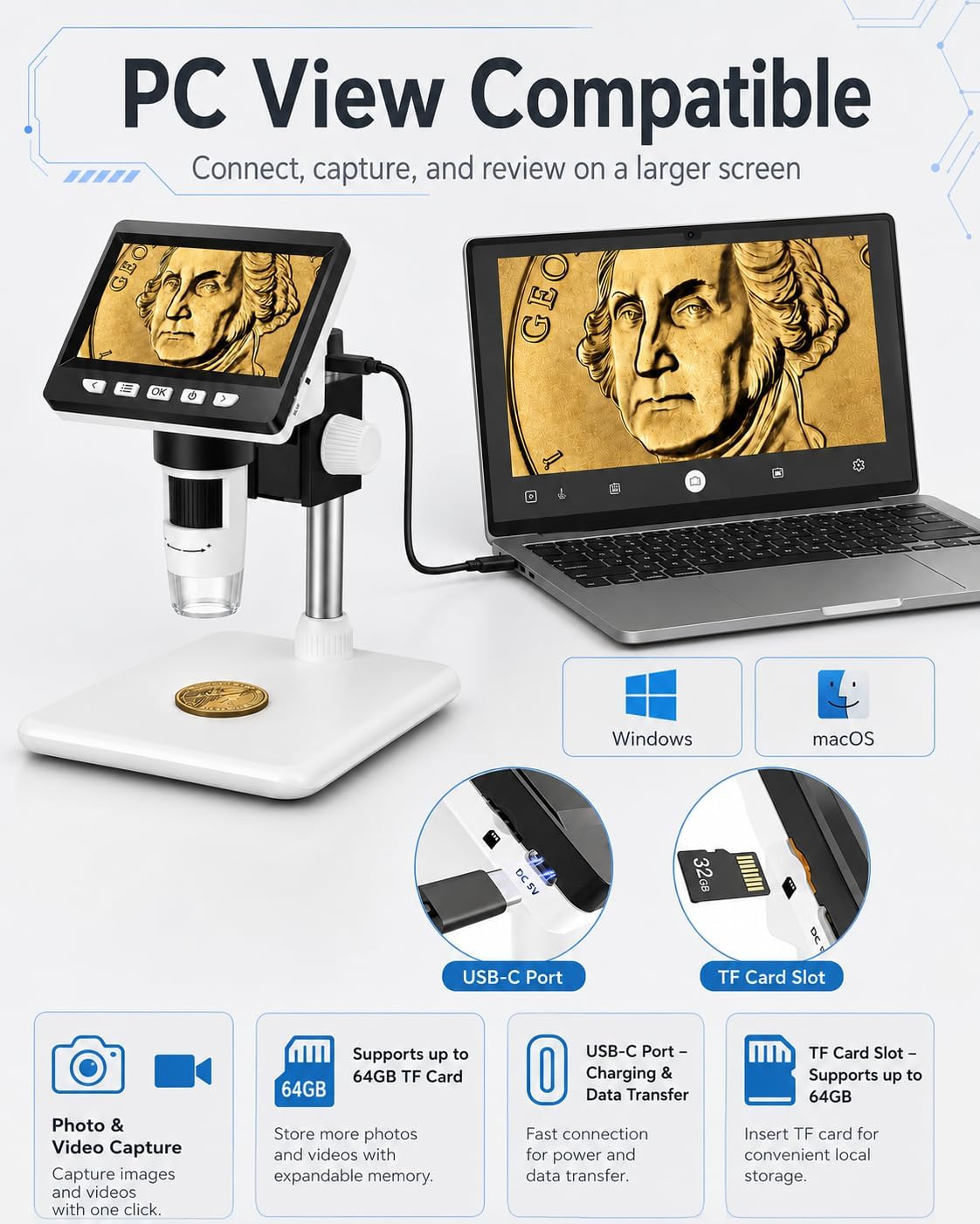Thumbnail 3 de Coin Microscope 4.3-Inch 1000X Digital Microscope with 8 LED Lights — PC & Mac Compatible