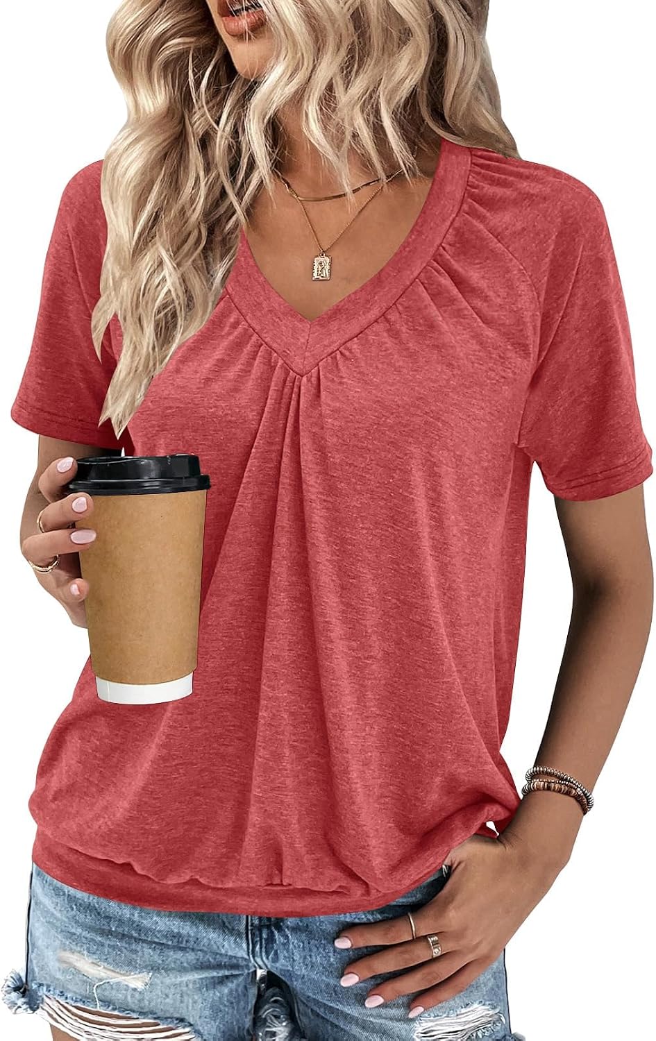 Detalle de Gihgoew Summer Tops for Women 2025 Short Sleeve V-Neck Ruched Tee