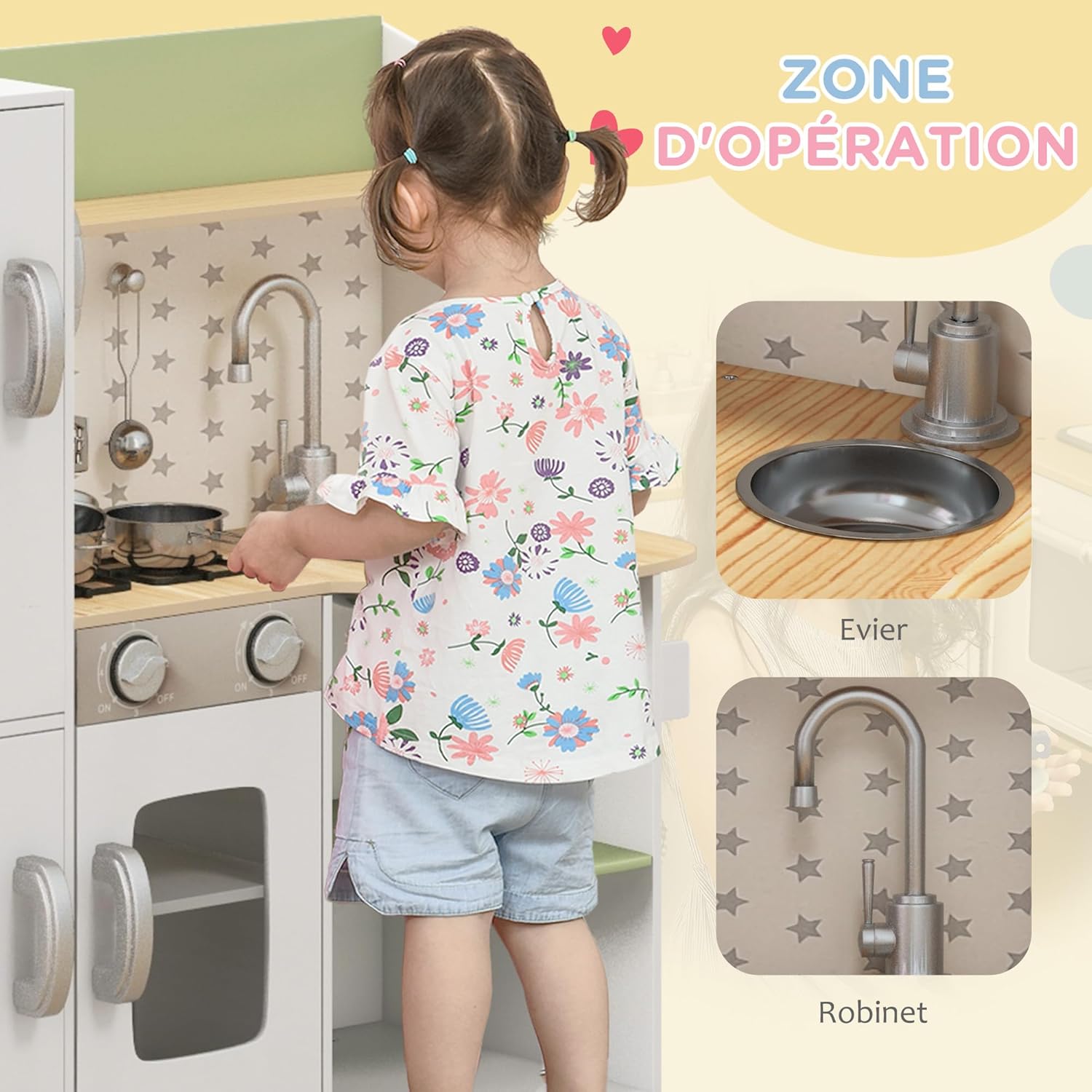 Detalle 2 de Cuisine enfant en bois AIYAPLAY (3 à 8 ans) avec machine à glaçons, évier inox et accessoires