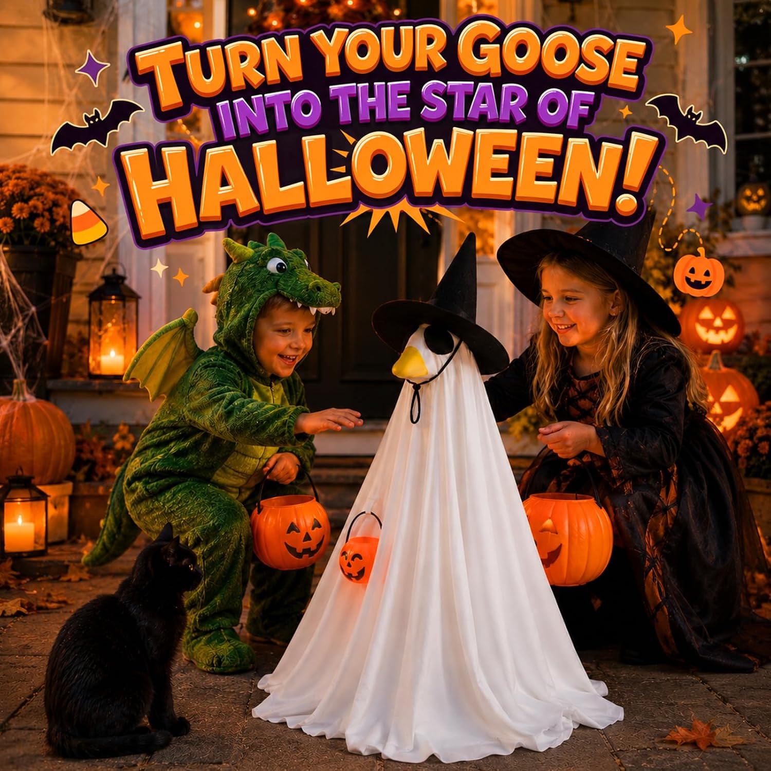 Detalle 2 de Bigwish BW-23efu-gui01 Halloween Porch Goose Outfit with Ghost Cloak and Witch Hat