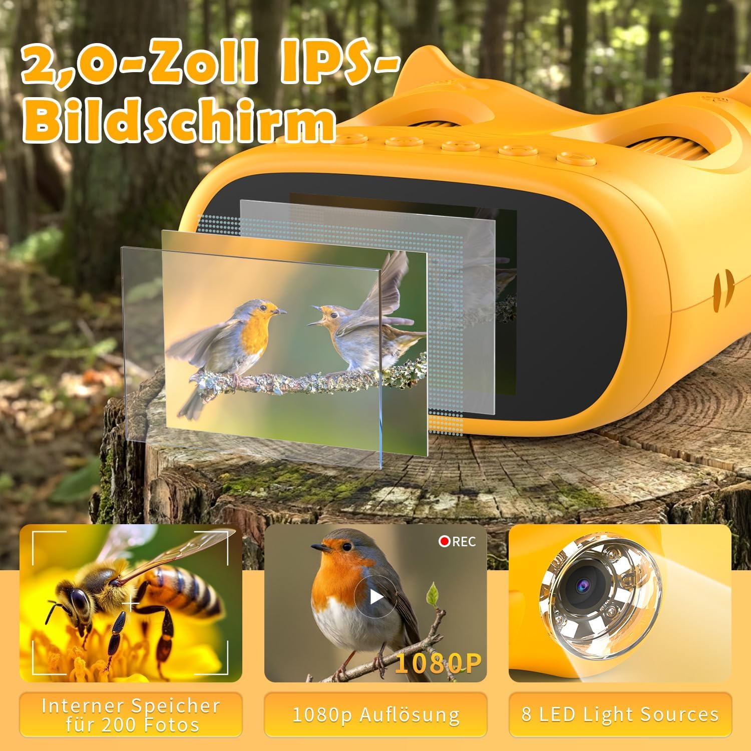Detalle de OAEBLLE 2 in 1 Mikroskop für Kinder und Fernglas – 2 Zoll HD Bildschirm, 1000× Vergrößerung, 8 LEDs, 1080p