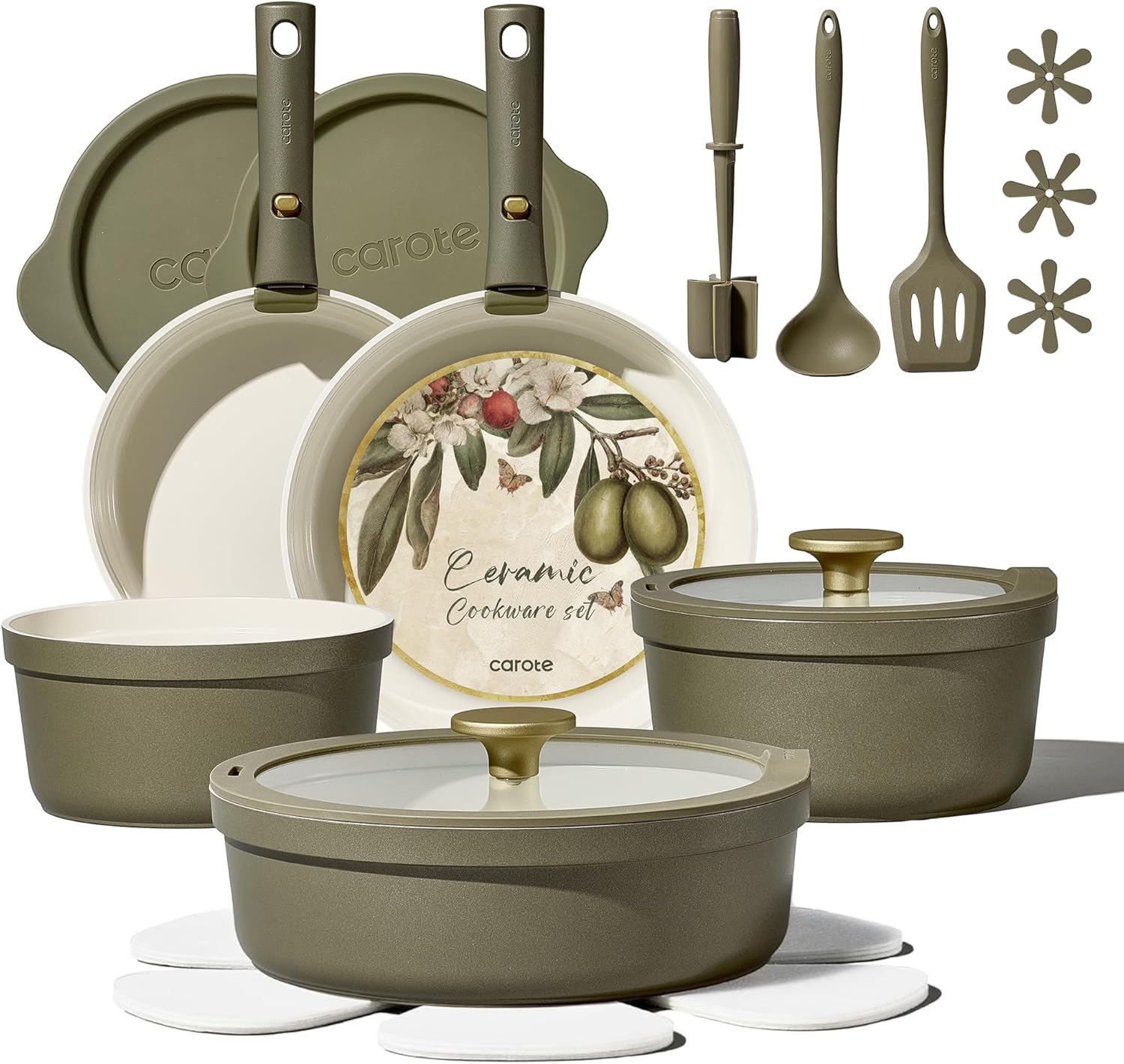 Detalle de Carote 21-Piece Ceramic Nonstick Cookware Set with Detachable Handles (PFAS & PFOA Free) — Olive Green