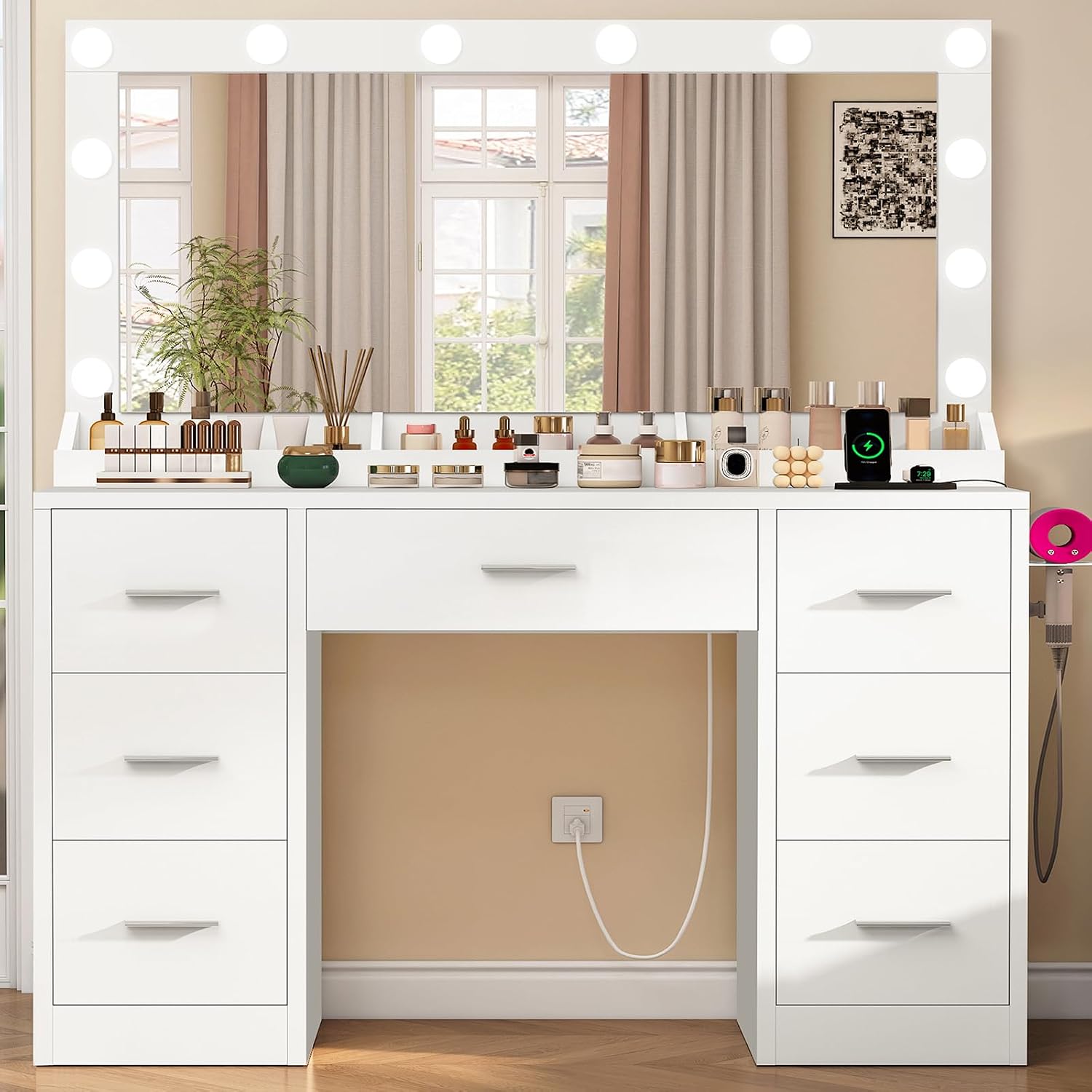 Detalle de FIONESO Vanity Model vanity, 7-Drawer Makeup Desk with 12 LED Lights