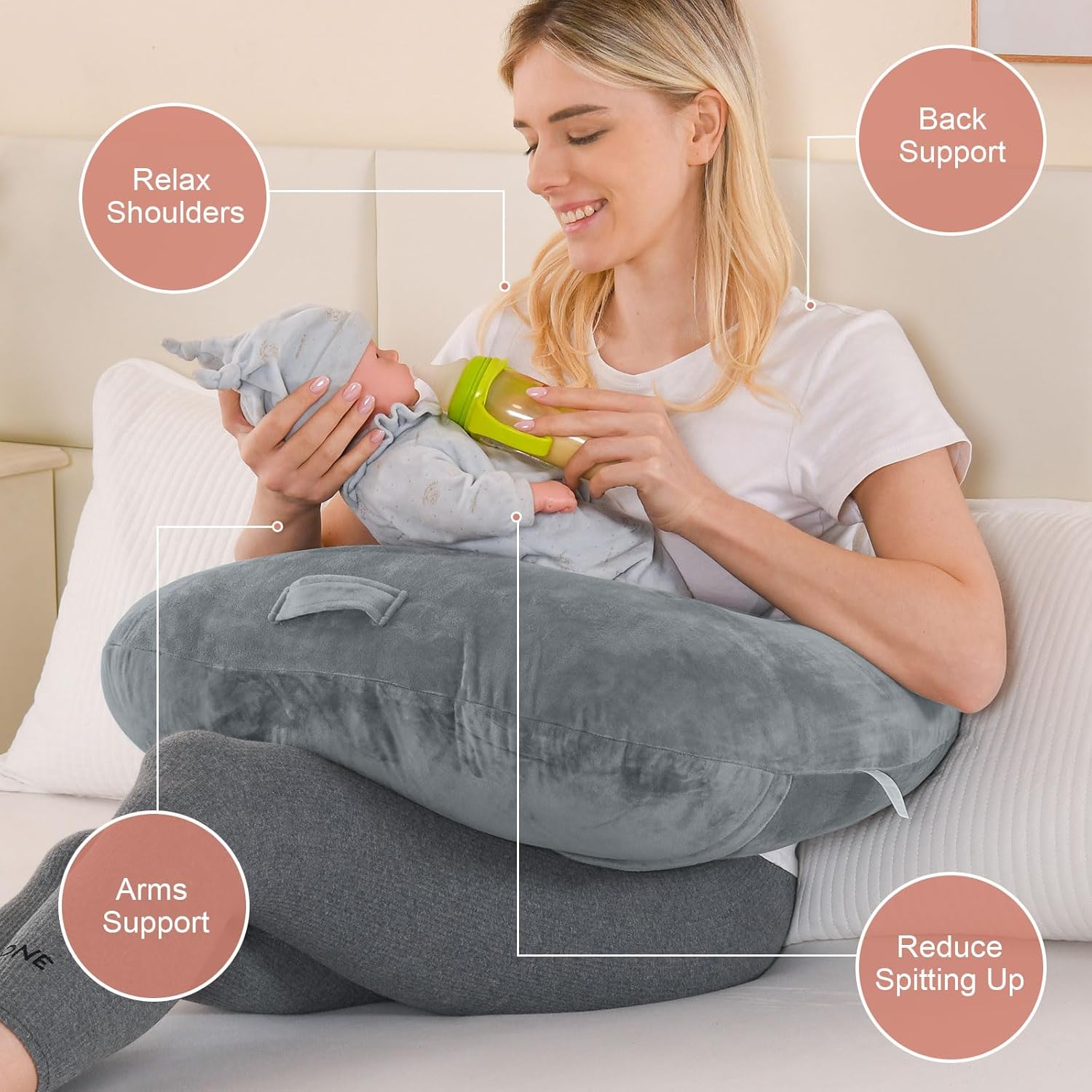 Thumbnail 3 de JOVELL Stillkissen – ergonomisches Multifunktionskissen zum Stillen, Lagern und Stützen (Samt, Grau)