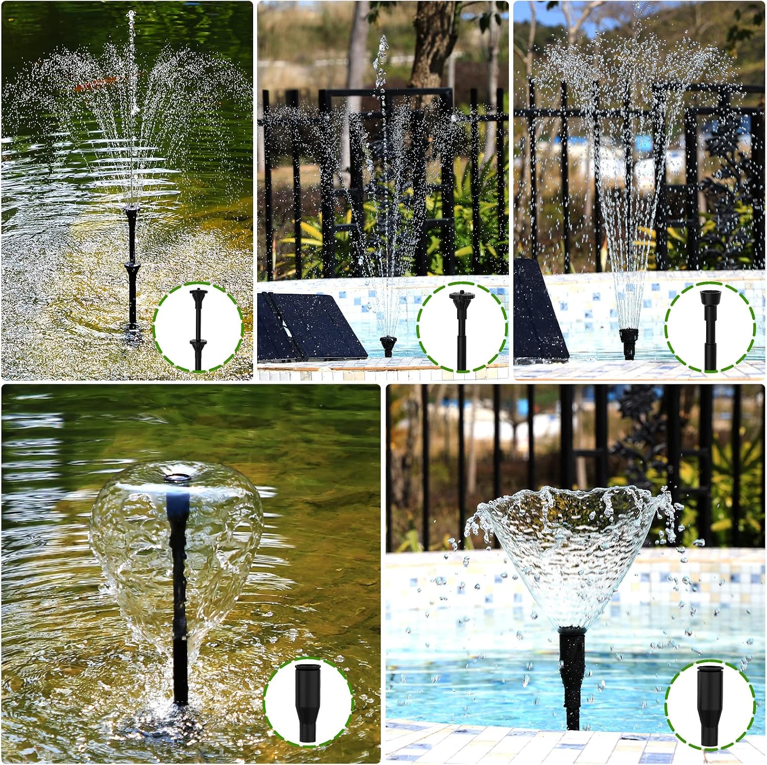Thumbnail 6 de AMZtime Solar Springbrunnen für Außen – 20W Solarpumpe mit verstellbarem Ständer und 6 Fontänenstilen