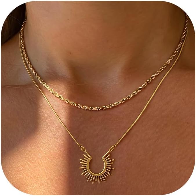 Thumbnail 6 de Tewiky Sonne Kette Damen – 14K Gold vergoldet/ Silber Layering Halskette mit Sonnenanhänger