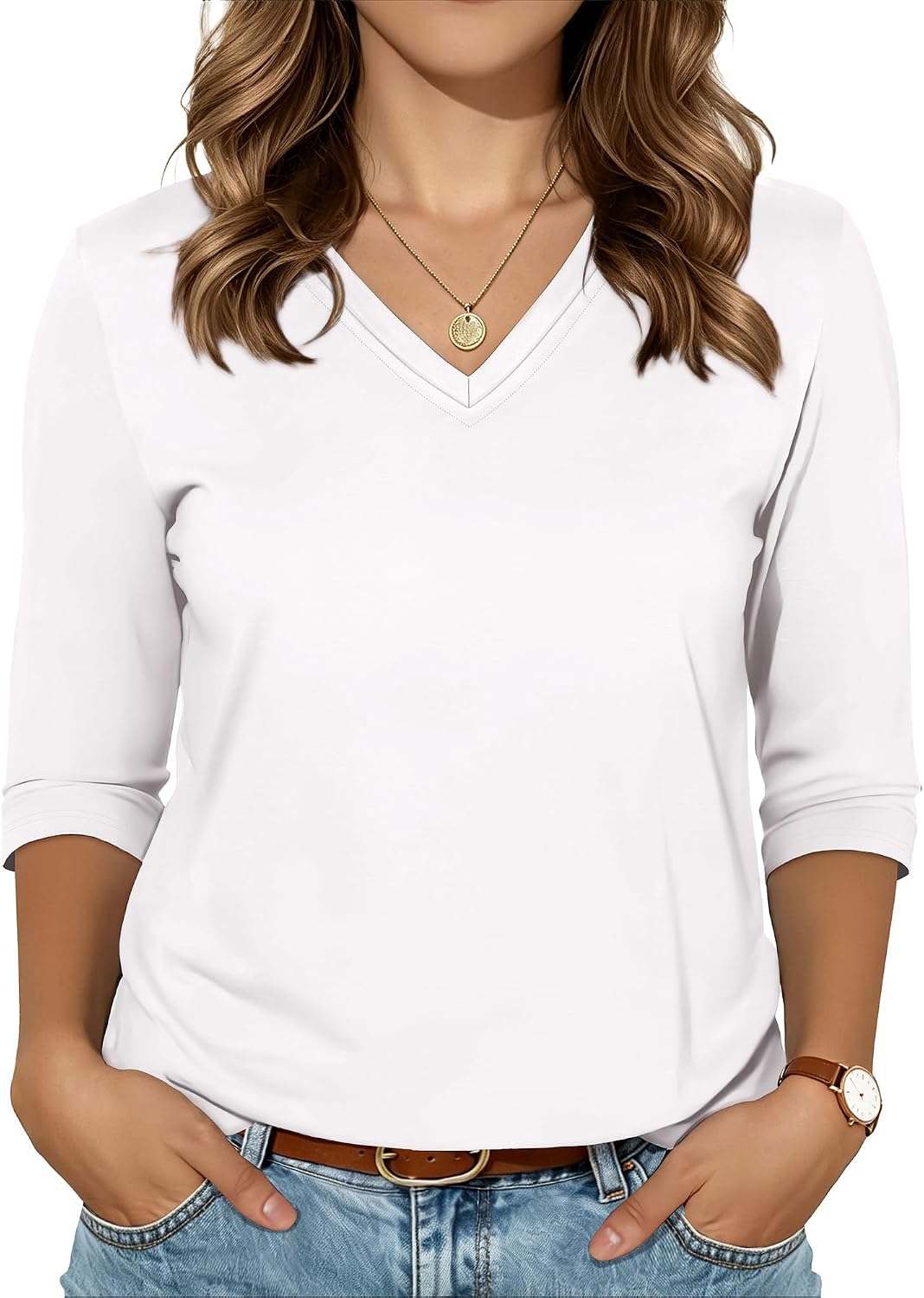 Detalle de CHICALLURE 3/4 Sleeve V-Neck Tunic Tee for Women