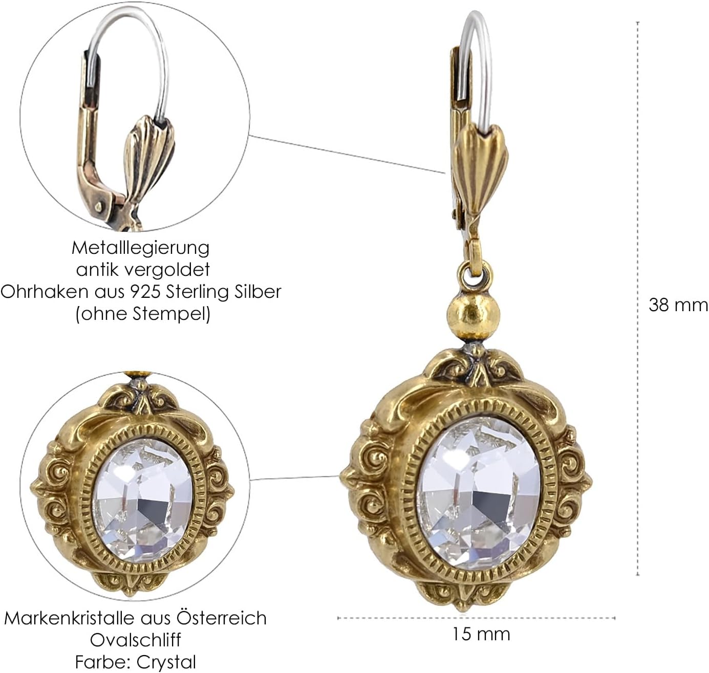 Thumbnail 2 de Vintage Ohrringe Gold Marken Kristalle Ovalschliff – Antik vergoldet, Made in Germany