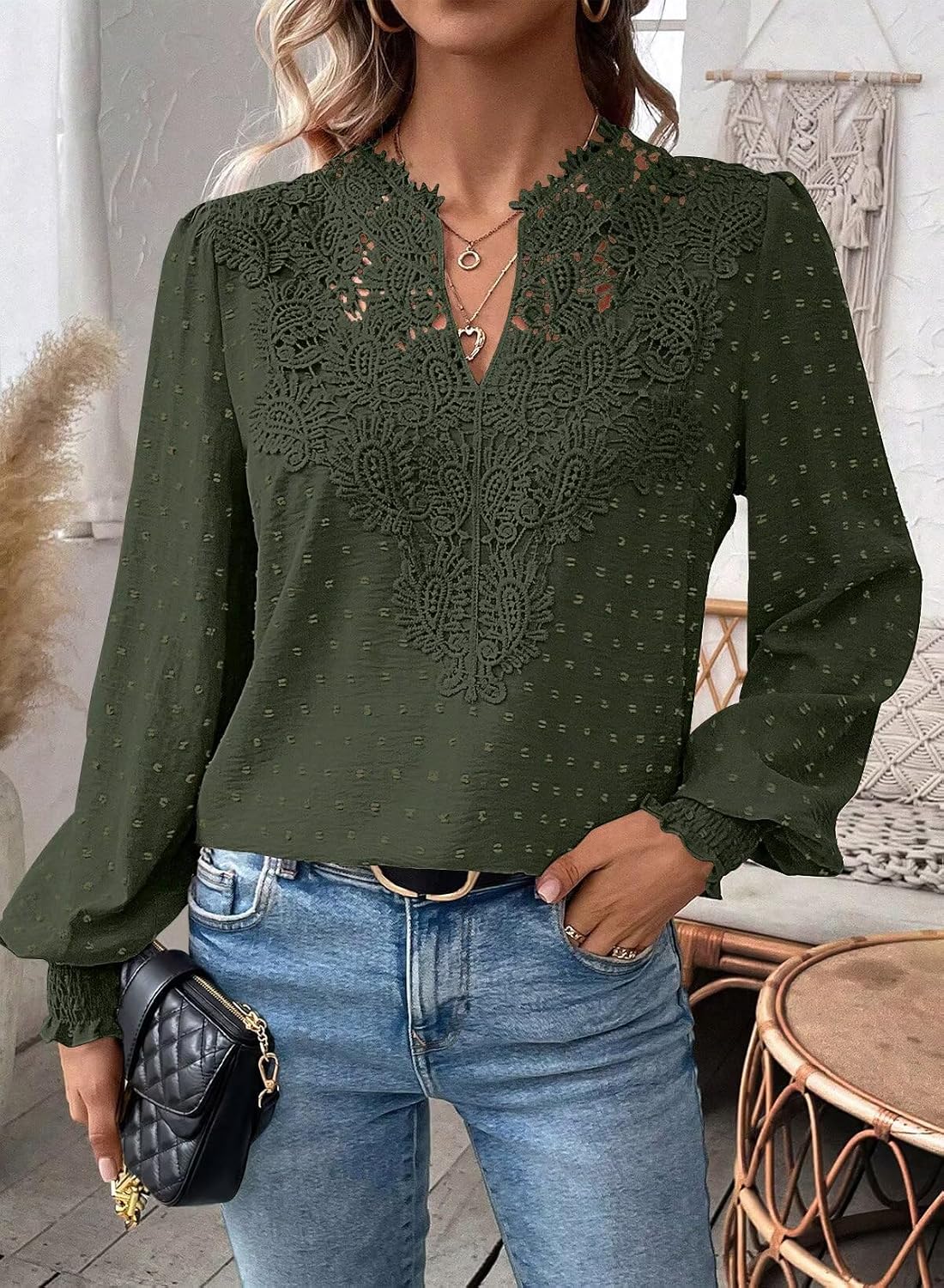 Detalle 2 de Falechay Swiss Dot Boho Long Sleeve V-Neck Chiffon Blouse