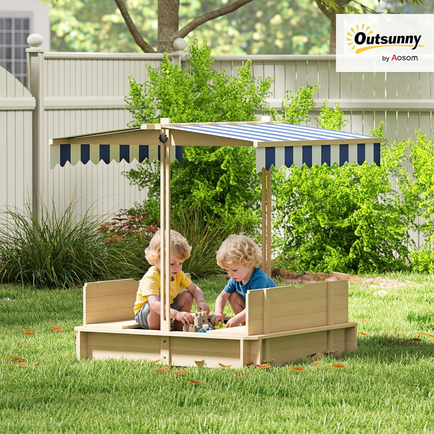 Detalle de Outsunny bac à sable carré en bois pour enfants avec bancs et couvercle, auvent réglable