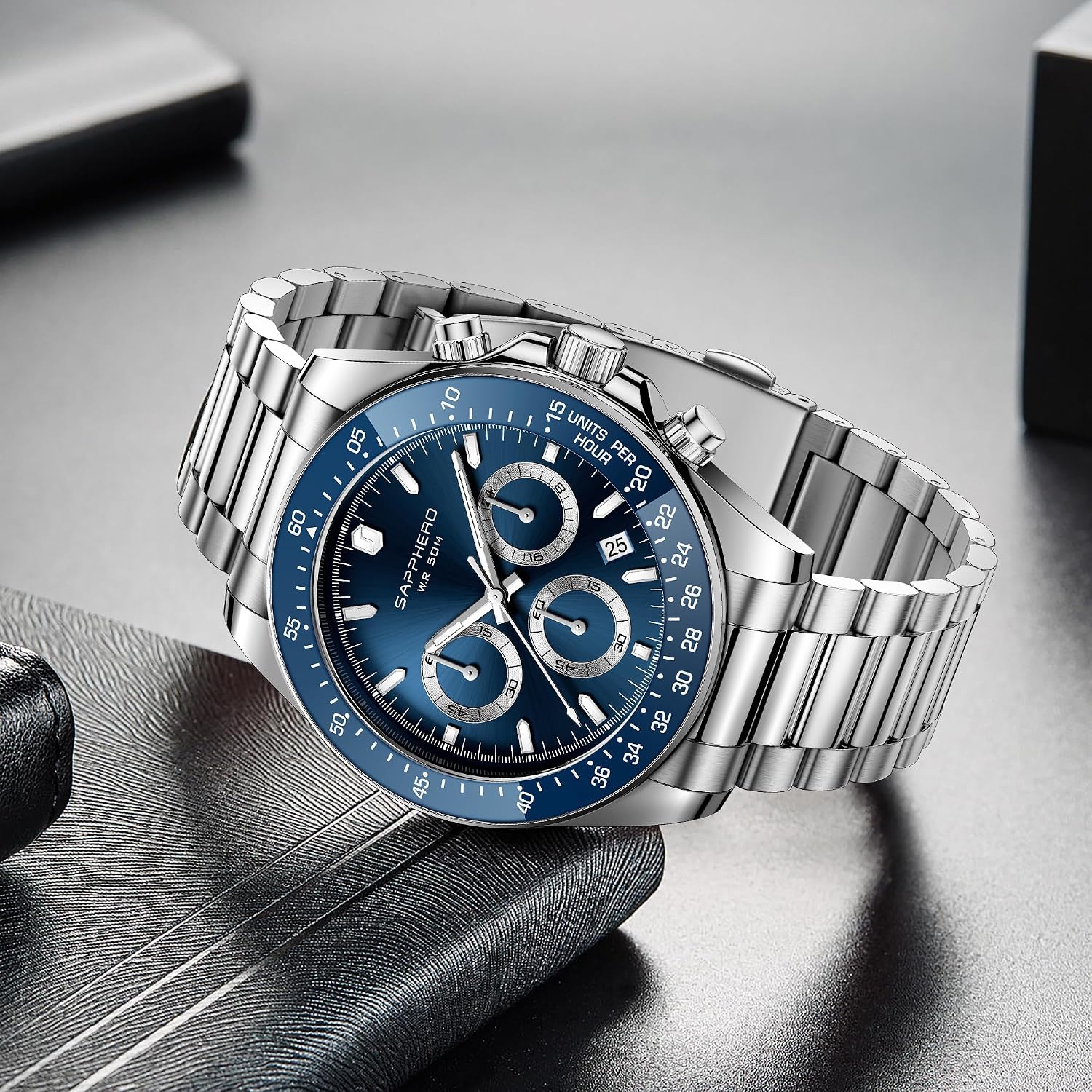 Detalle 2 de SAPPHERO Montre Homme chronographe en acier inoxydable étanche 50M — cadran mat analogique quartz