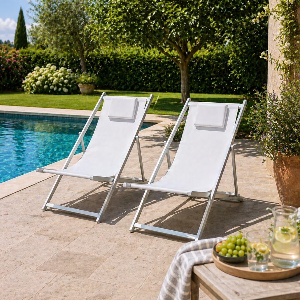Detalle de ZIK Set 2 Sedia Sdraio Pieghevole da Giardino con Cuscino Rimovibile — Bianco
