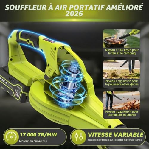 Thumbnail 3 de PULITUO Souffleur de feuilles sans fil 2 batteries 4000 mAh – léger, 3 vitesses et 242 km/h