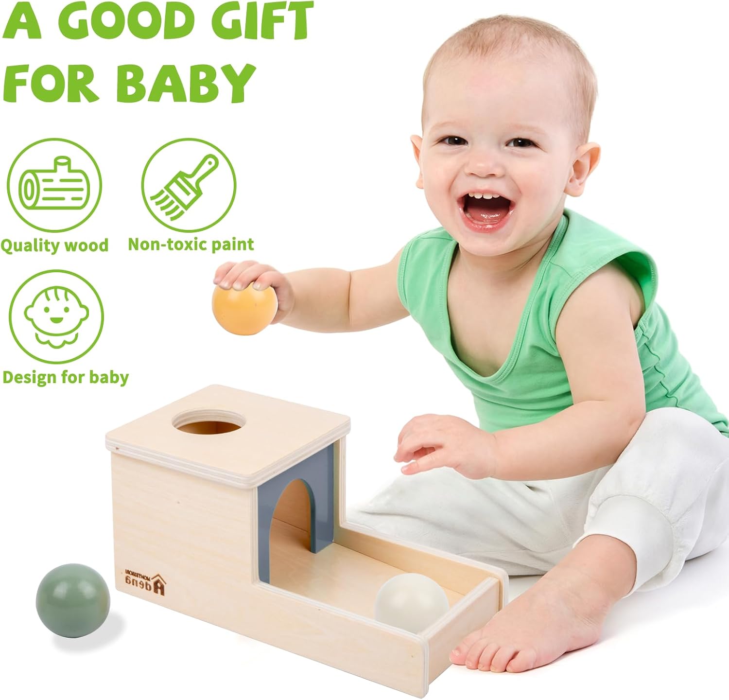 Thumbnail 1 de Adena Montessori Wooden Object Permanence Box for 6–12 Month Baby (3 Balls, Tray) — Morandi Color Learning Toy