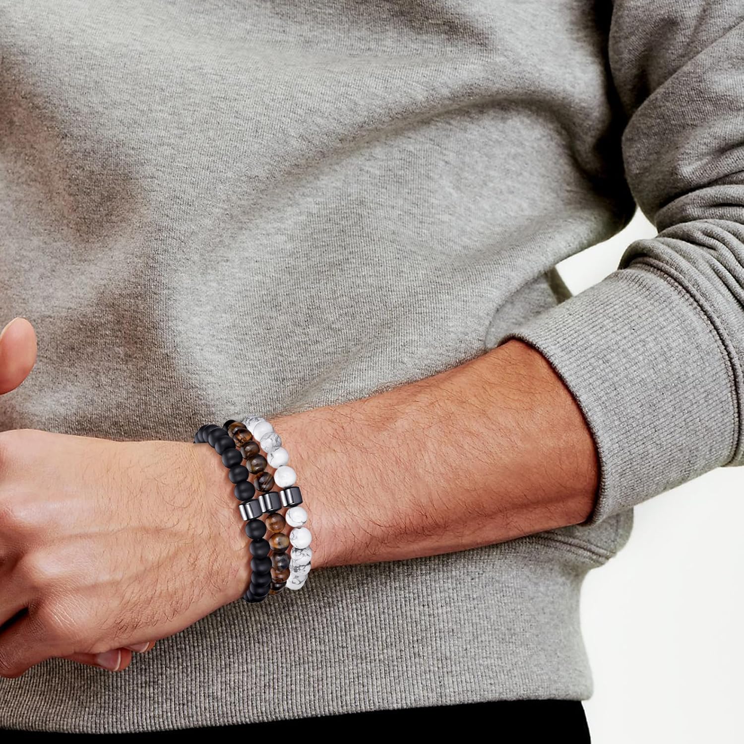 Thumbnail 3 de Bracelet œil de tigre homme MOROTOLE 8 mm en pierre naturelle, pierre de lave et obsidienne (set de plusieurs bracelets)