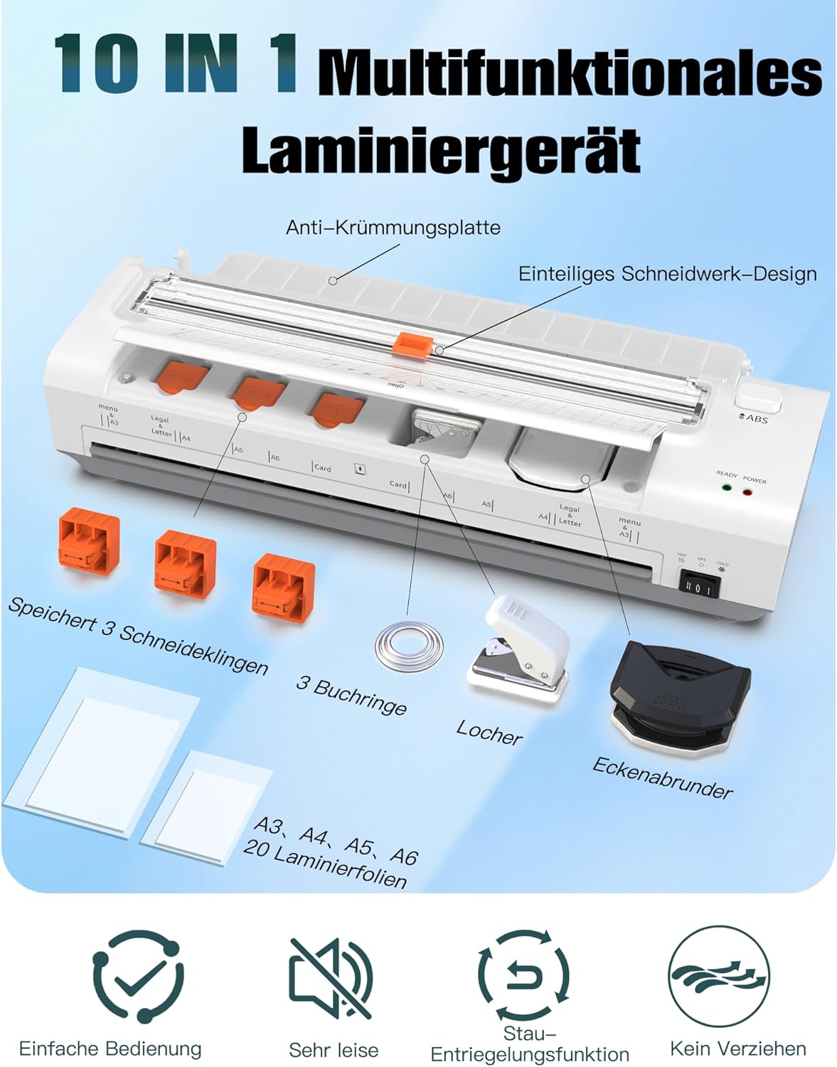 Detalle de OidoZac 13 Zoll A3 Laminiergerät mit automatischer Papiereinführung – 10-in-1 Set, kalt/heißlaminierung, ABS‑Sicherung