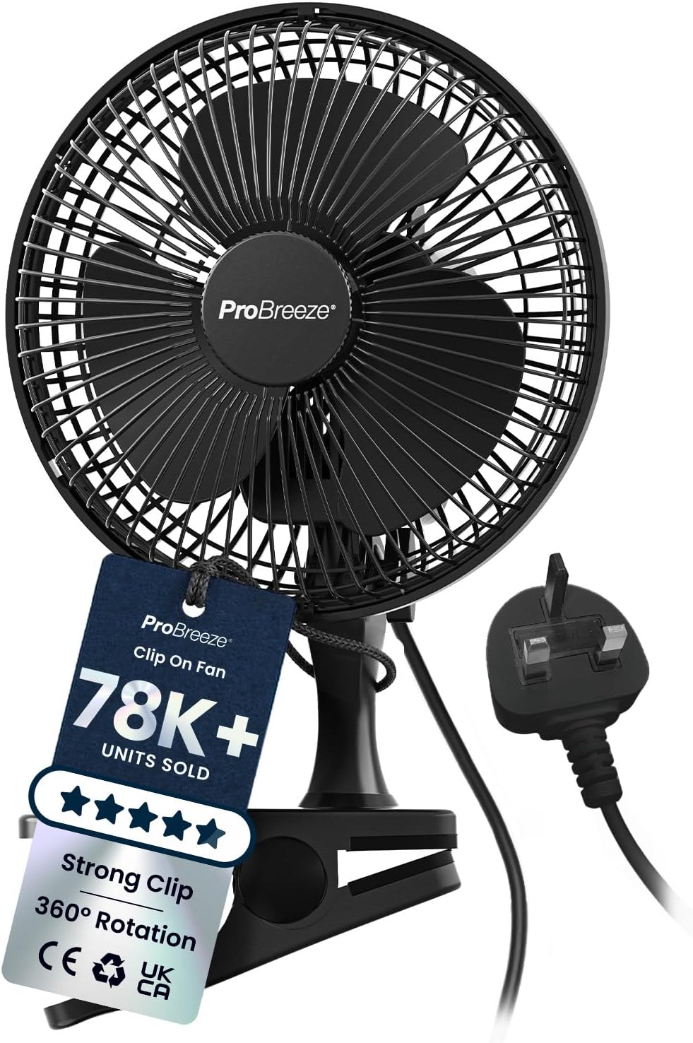 Detalle de Pro Breeze 6 Inch Clip on Fan with 2 Speeds (Mains Powered) – Quiet, 360° Rotation & Adjustable Head