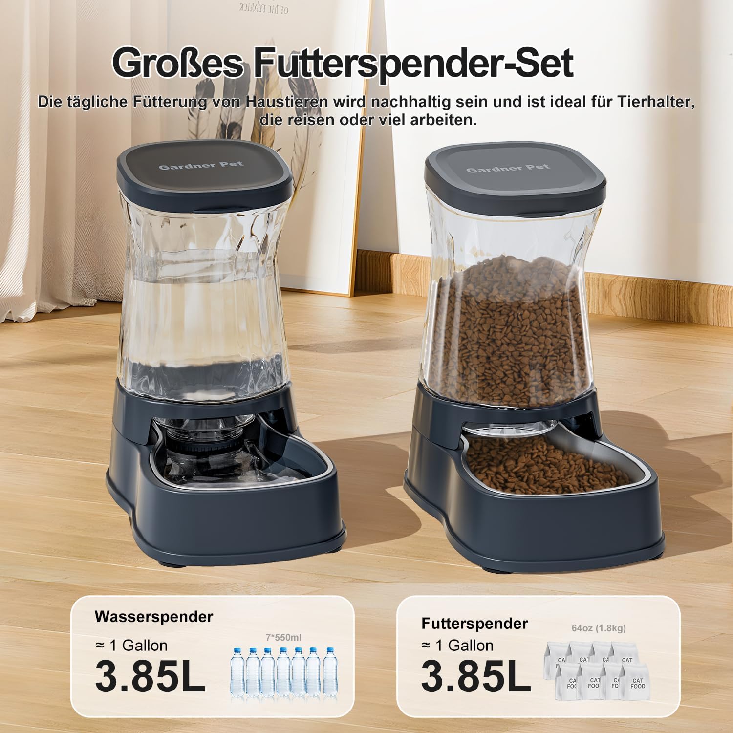 Detalle de Gardner Pet Futter- und Wasserspender Satz: Edelstahl-Näpfe, 3,85 L Wasser, 1,8 kg Futter, BPA-frei