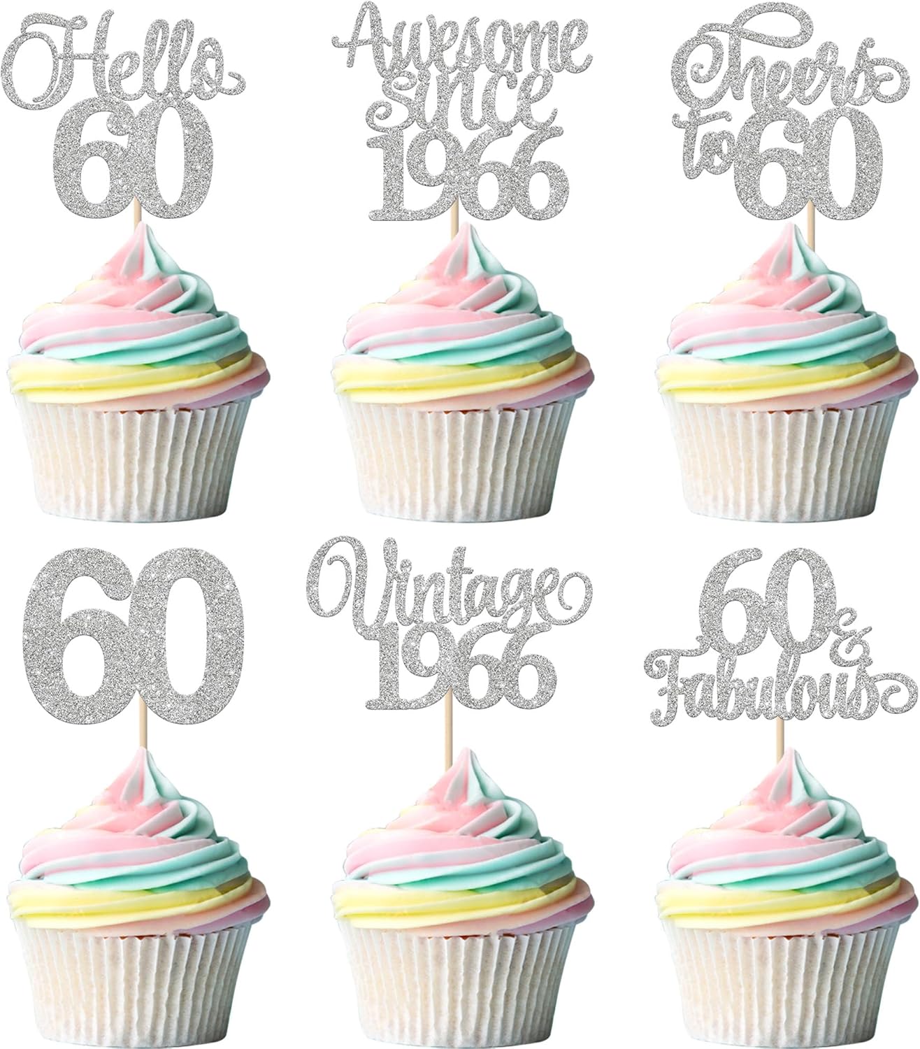 Detalle de Xsstarmi 24 Pack Vintage 1966 Cupcake Toppers Glitter Silver Hello 60 Fabulous Cupcake Picks