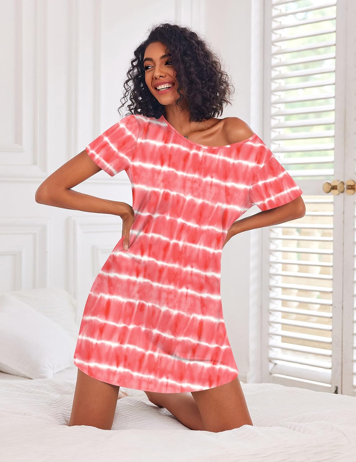 Detalle 2 de Ekouaer 3 Pack Women’s Nightgowns, Short-Sleeve Button-Down and Raglan Styles