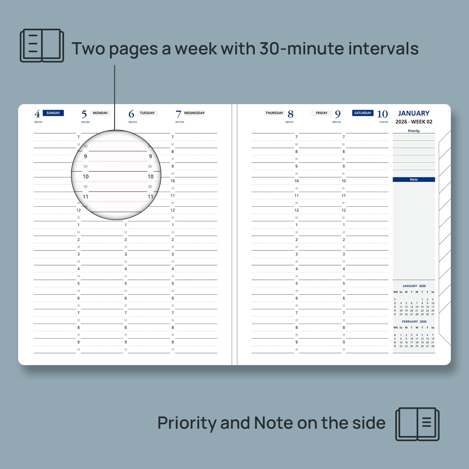 Thumbnail 2 de POPRUN 2026 Week to View A5+ Diary (17.5x21.5 cm) – Dark Green Weekly Planner with 1/2-Hour Appointments