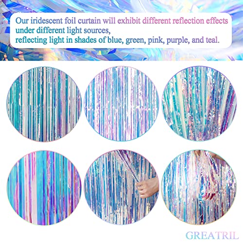 Detalle de GREATRIL Iridescent Party Streamers Backdrop, 2-Pack (3.2ft x 6.5ft) – Transparent Holographic Fringe Curtain