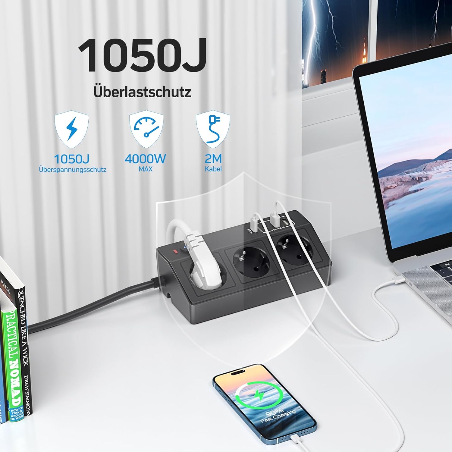 Detalle de STGAROT Tischsteckdose mit USB-C PD 20W – 3-fach Mehrfachsteckdose mit USB und Klemmvorrichtung