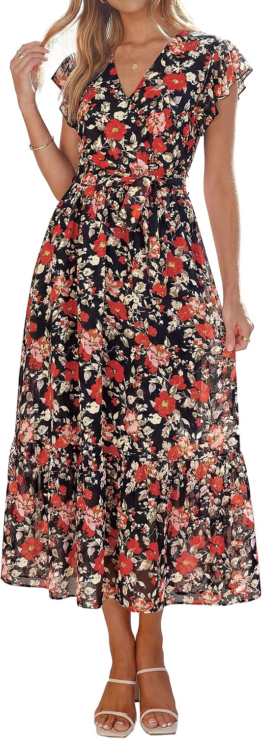 Detalle de PRETTYGARDEN Women's Summer Floral Boho Maxi Dress with Wrap V-Neck