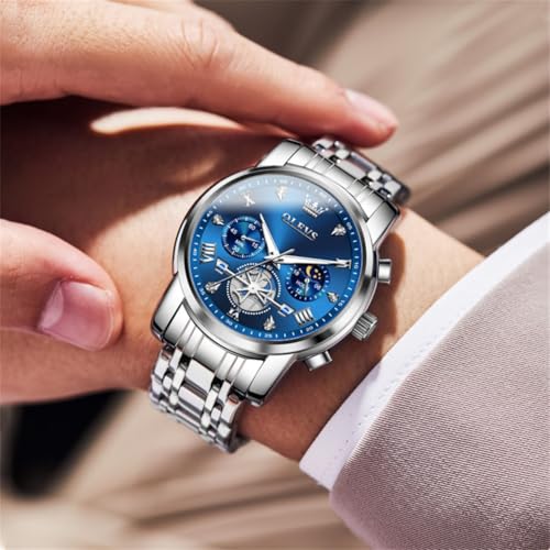 Detalle de OLEVS Chronograph Herrenuhr 42 mm Edelstahl, Quarz, 3 ATM wasserdicht – Silberblaues Zifferblatt