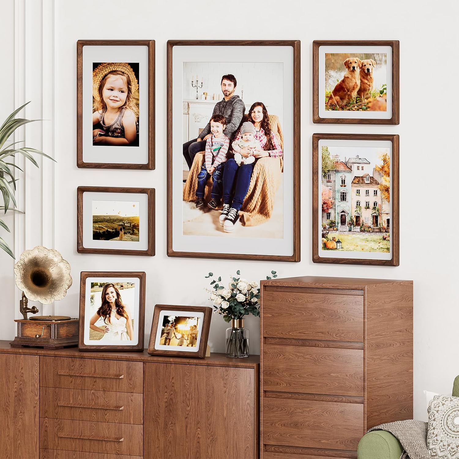 Thumbnail 1 de Feihorrm 6x8 Walnut Wood Picture Frame with 5x7 Mat and Tempered Glass