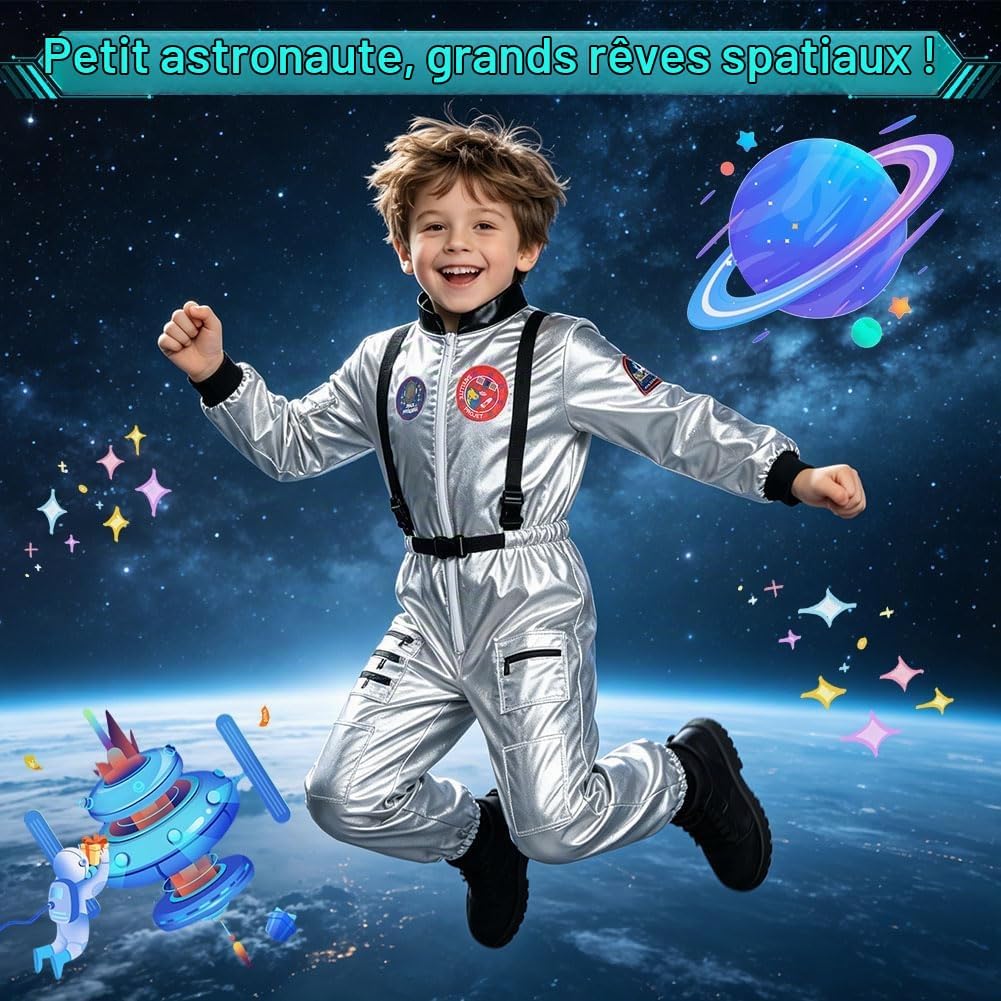 Detalle 2 de AUYAO astronautenkostuum voor kinderen met zilveren overall en ritssluiting