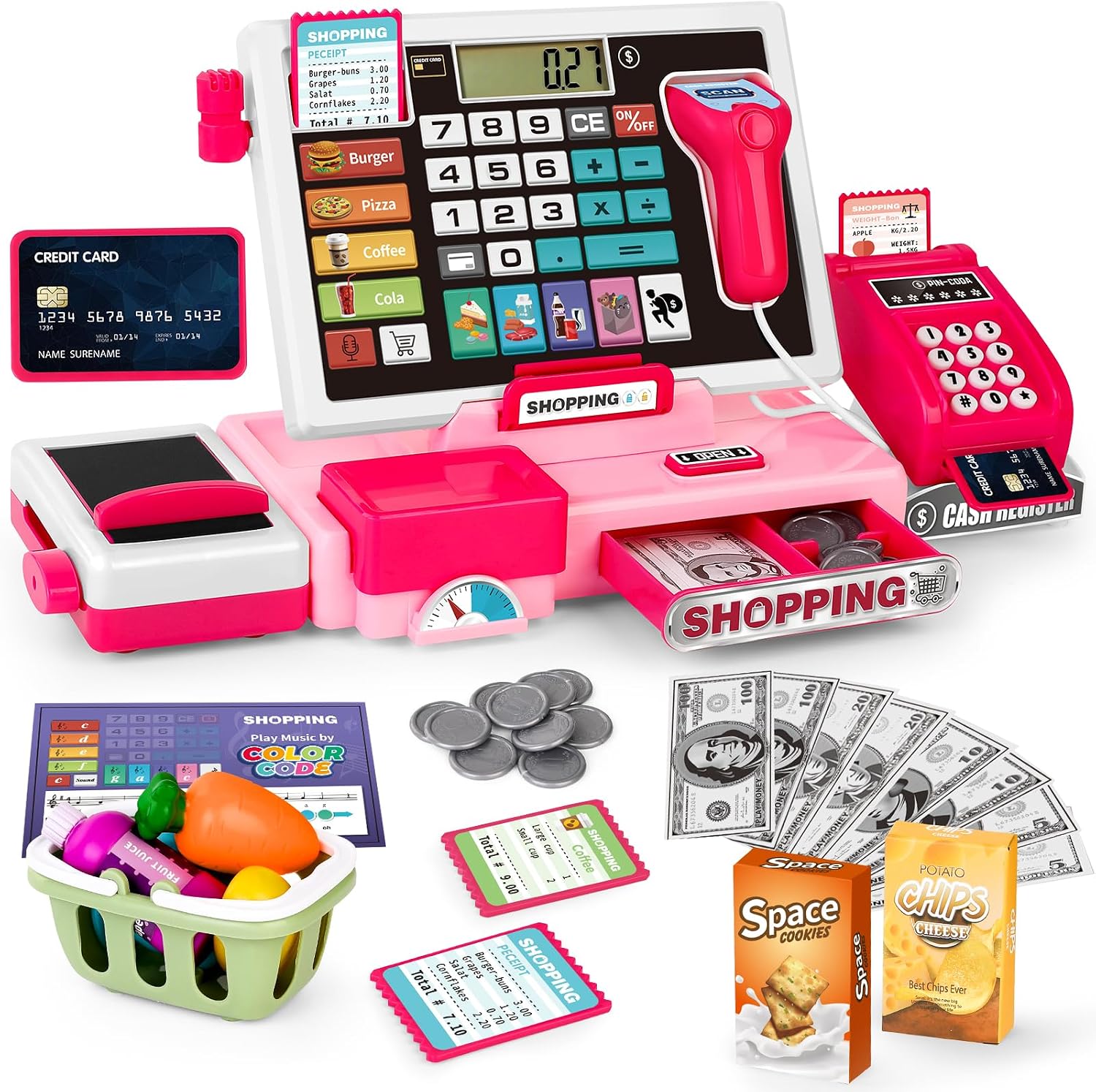 Detalle de Kids Cash Register Toy Playset, Pink 52-Piece Set with Real Calculator
