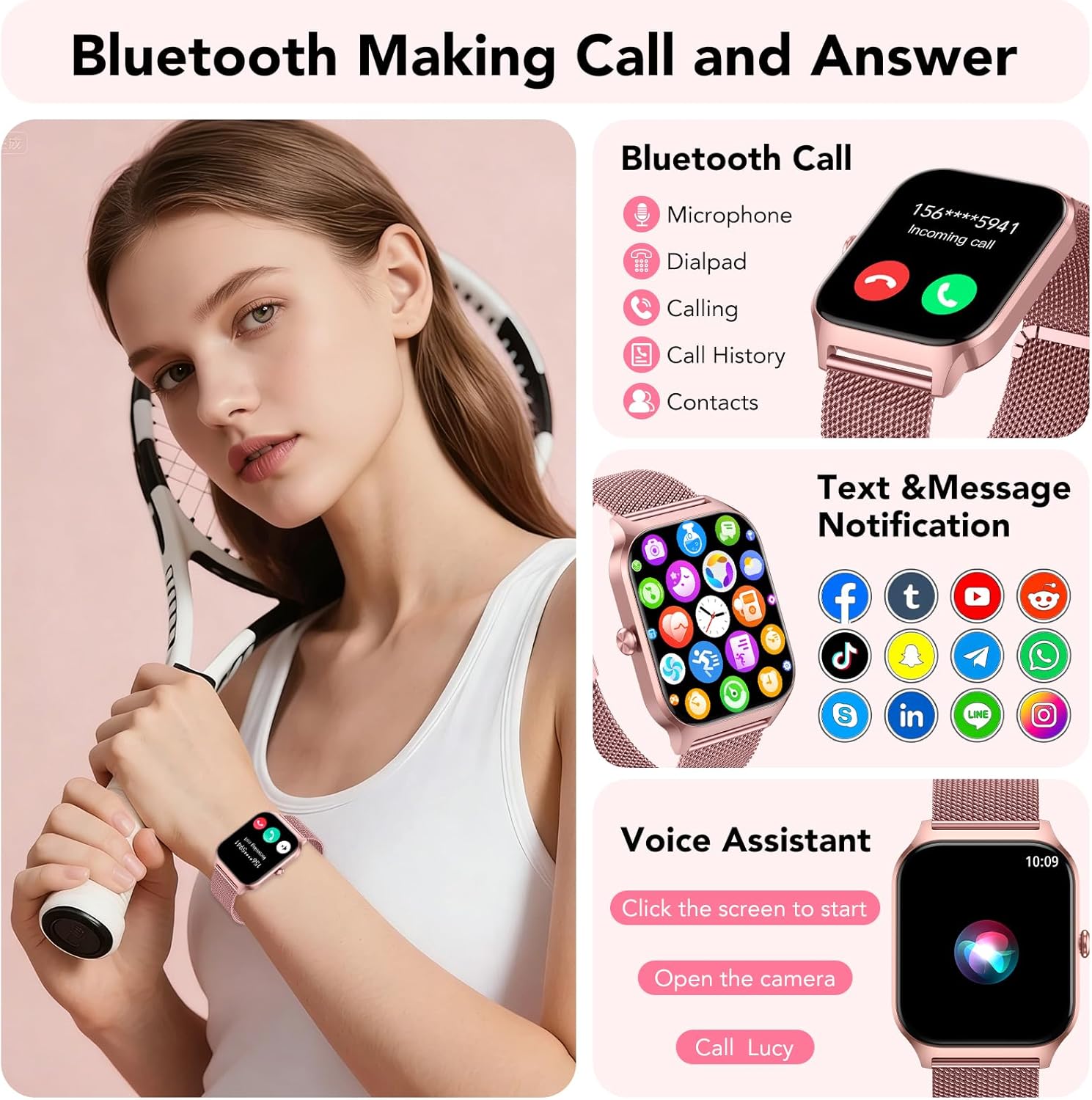 Thumbnail 1 de Montre connectée femme doré rose avec appel Bluetooth et écran HD 1,85" (Da Fit) – Fitness tracker cardio SpO2