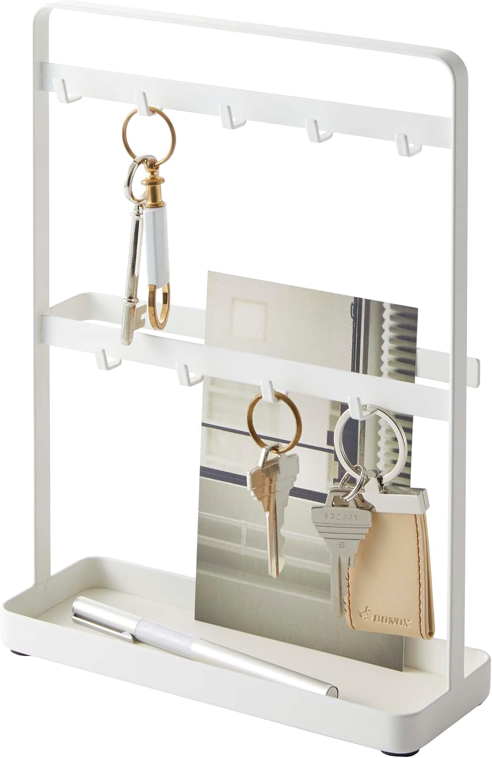 Detalle de Yamazaki organizer na klucze, stalowy, biały, 2 poziomy i 9 haczyków