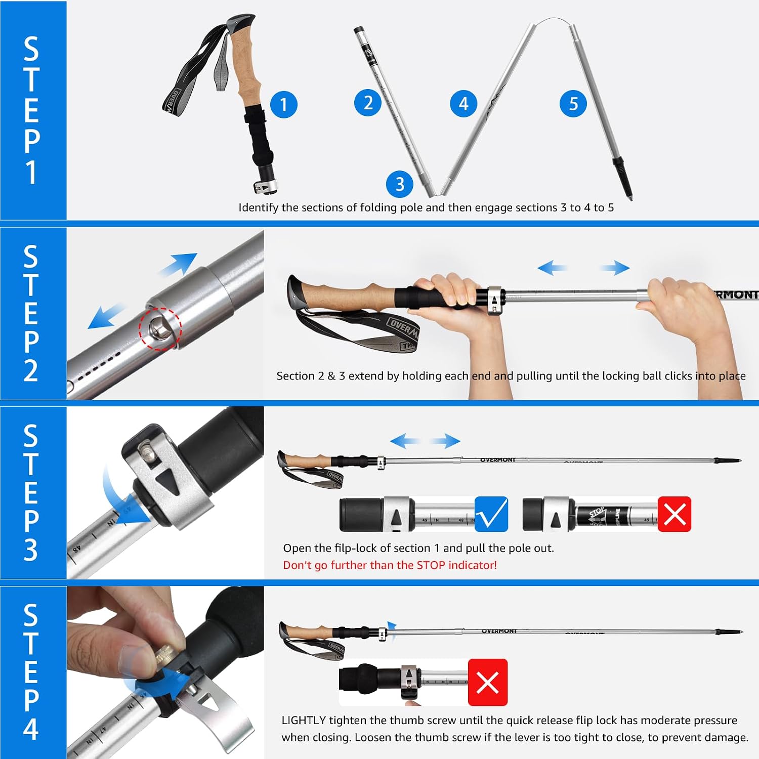 Thumbnail 6 de Overmont 7075 Aluminum Trekking Poles, Foldable with EVA Grips and Trail Tips