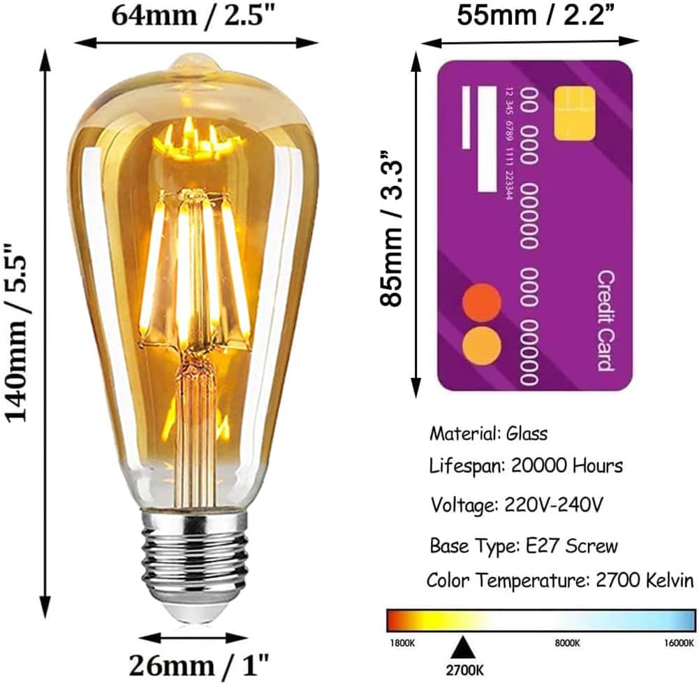 Detalle 2 de Woowtt LED Edison Bulb ST64 4W E27 (2700K) Vintage Amber Glass, Dimmable, 6 Pack