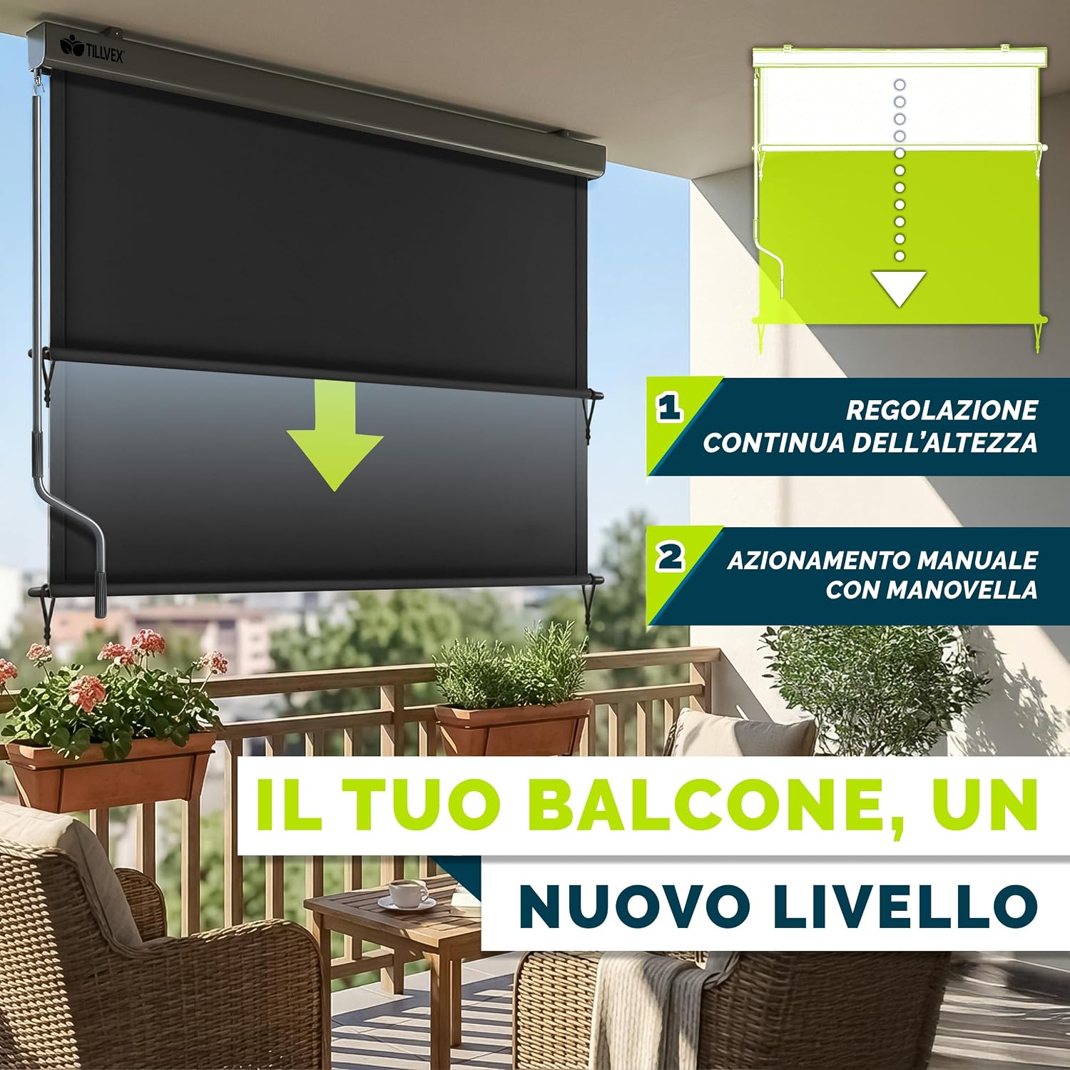 Detalle 2 de tillvex Tenda da sole verticale 140 x 250 cm Nero – impermeabile, con manovella, per balcone e giardino