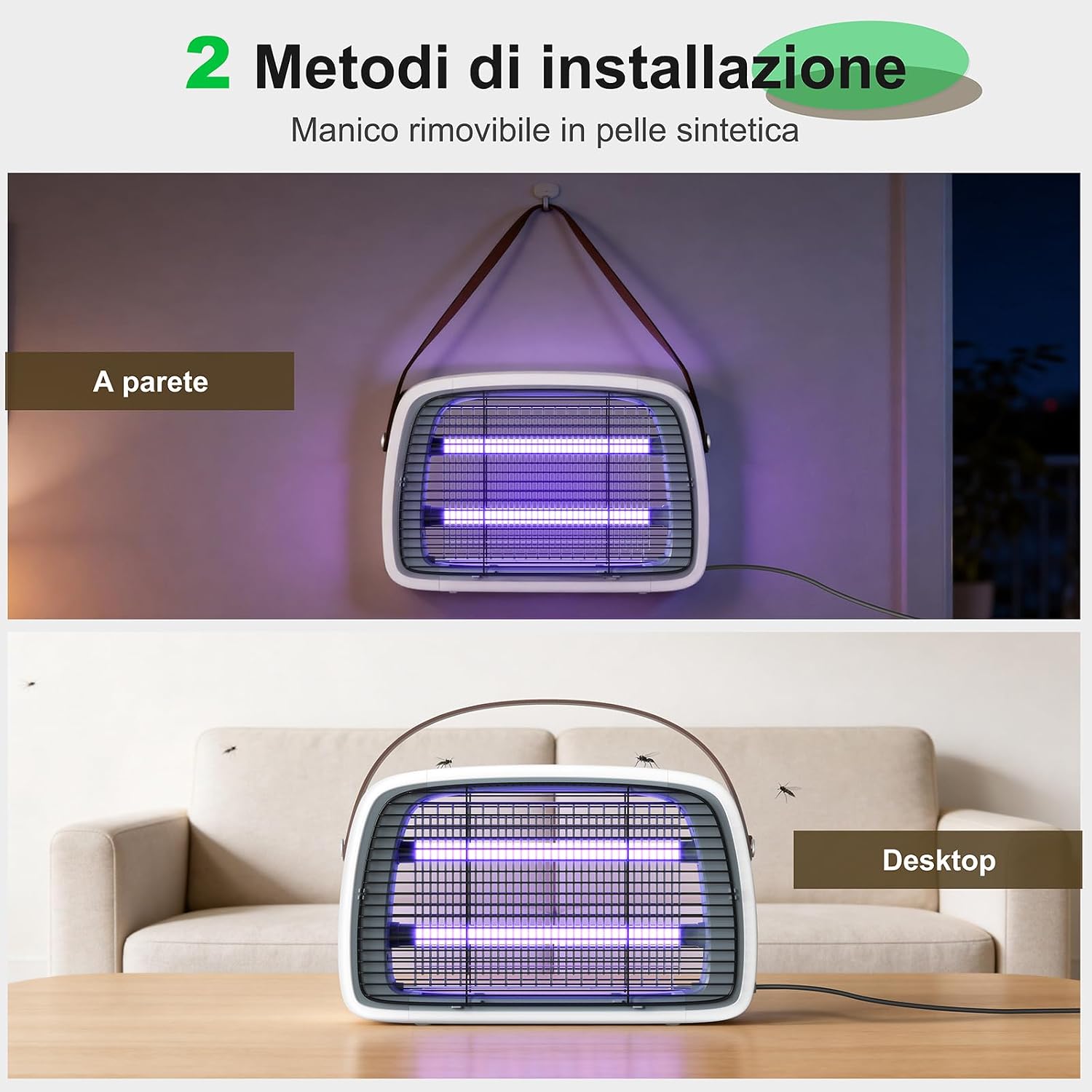 Detalle de Lampada Antizanzare 4200V con 2 tubi LED 20W: protezione efficace, silenziosa e sicura per interni ed esterni