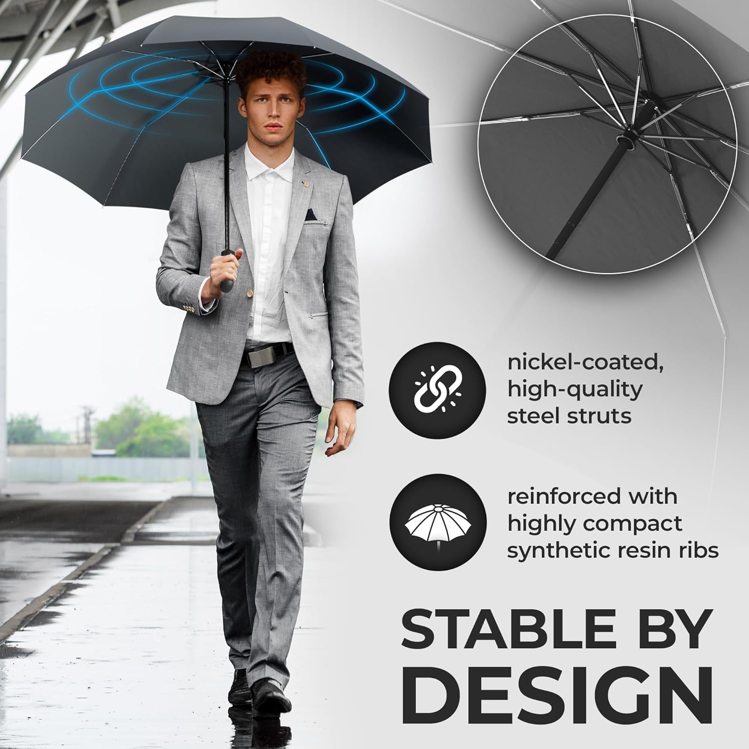 Thumbnail 1 de Windproof Compact Umbrella with Double Canopy, Auto Open/Close and Teflon Coating (Grey) – Strong Storm Proof Frame
