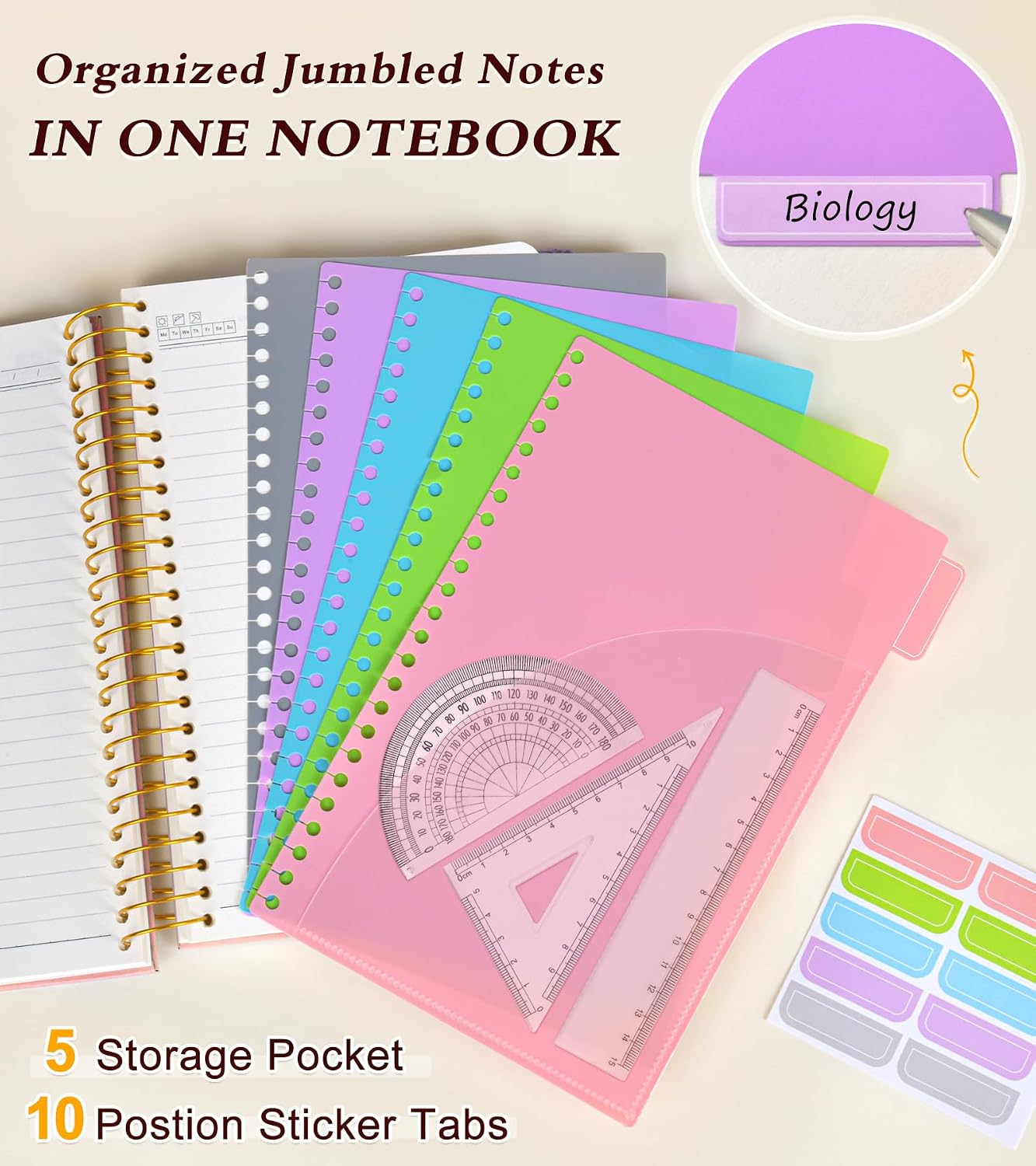 Detalle de JASLEKO 5-Subject A5 Spiral Notebook, 240 Pages, Pink, Pocket Dividers