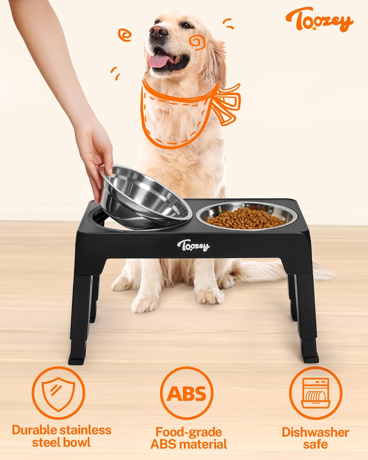 Thumbnail 6 de Toozey Height-Adjustable Raised Dog Bowls with 2x 1200ml Stainless Steel Bowls (Black)