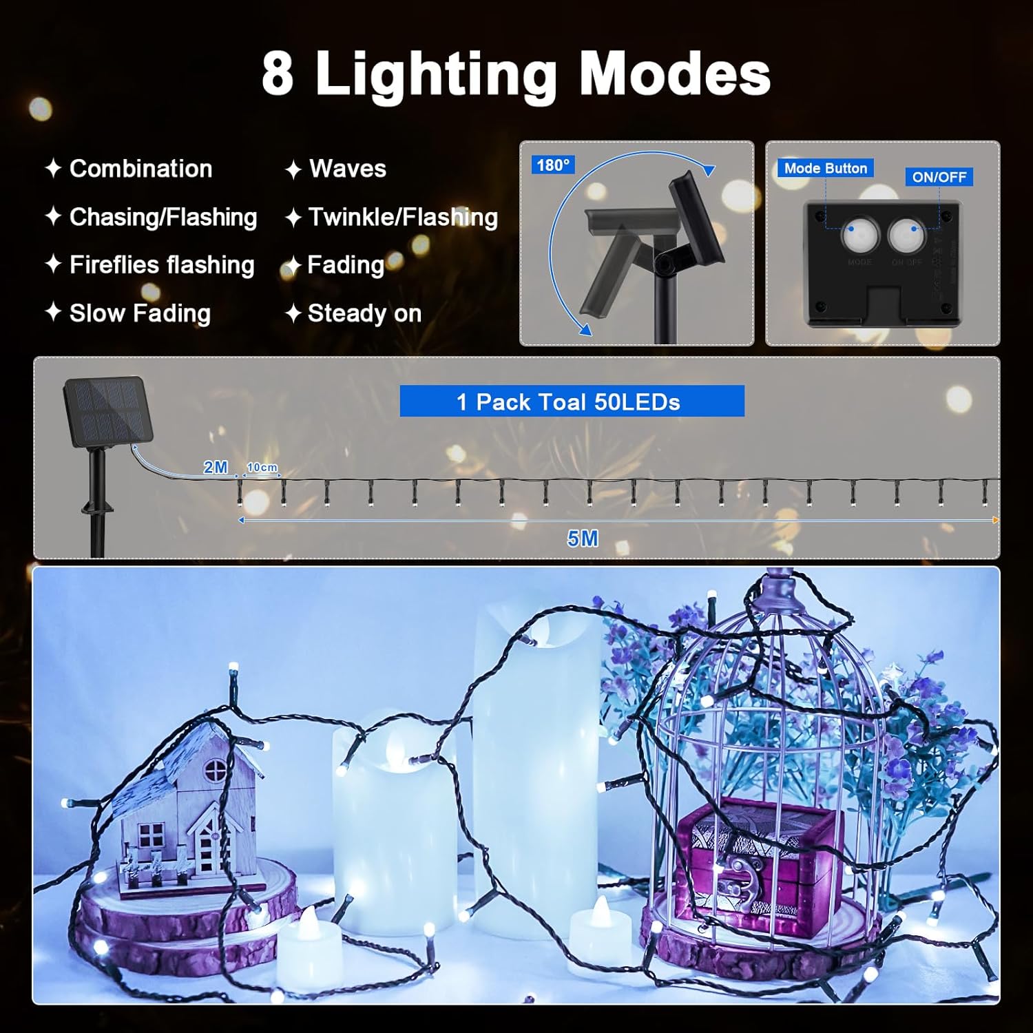 Thumbnail 4 de Gcstnn Solar String Lights Outdoor (5m, 50 LEDs) – 8 modes, IP65 solar fairy lights, cool white