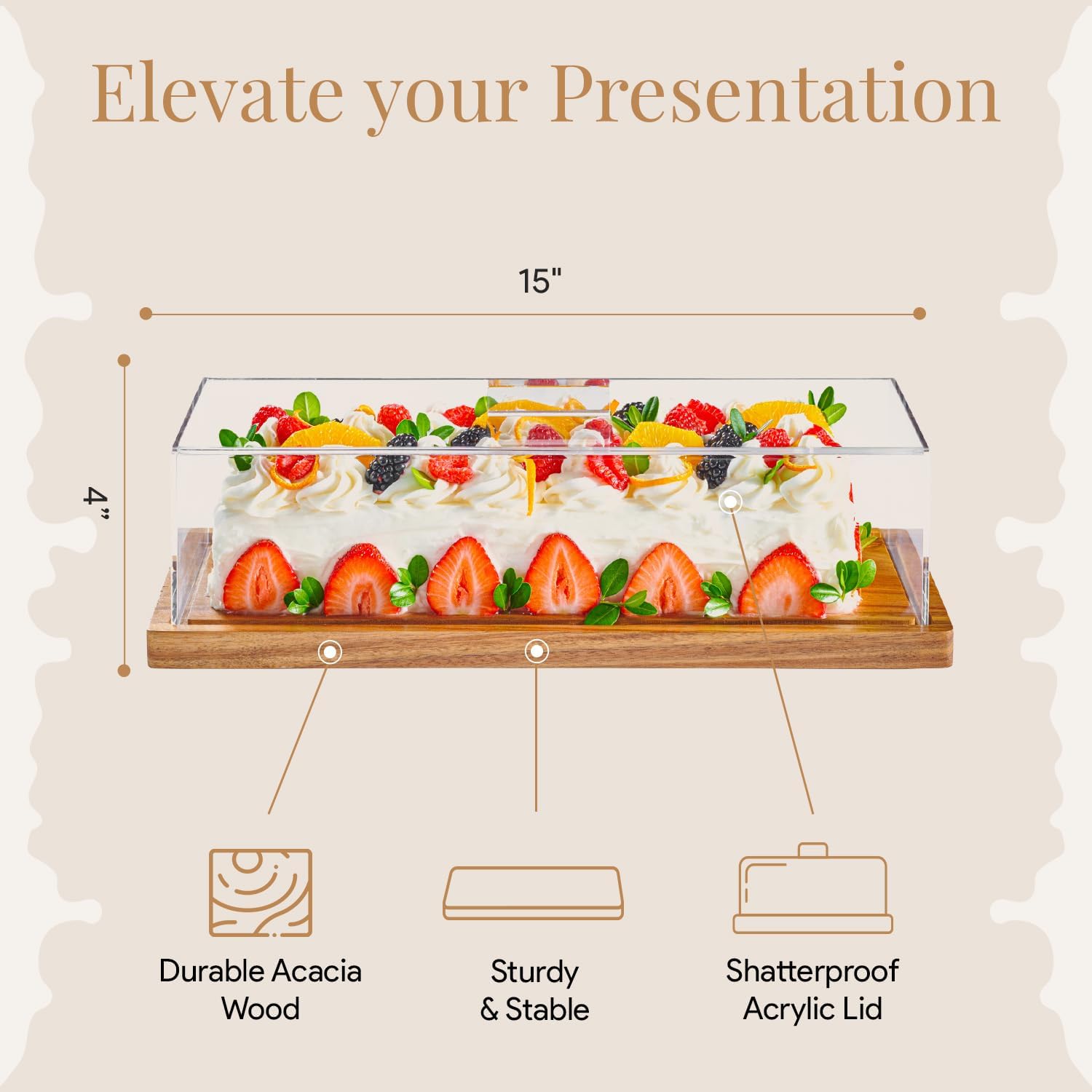 Thumbnail 2 de HOMESPHERE Cake Display with Lid (Acacia Wood Dessert Stand) with Acrylic Cover, Large Rectangle Tray Platter